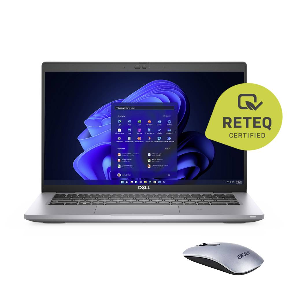 Ein silberner Laptop mit einem blau gestalteten Bildschirm und einem Menü. Daneben befindet sich eine passende silberne Maus. Ein „Reteq Certified