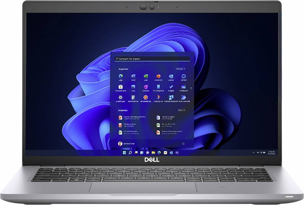 Ein Dell-Laptop zeigt den Windows-11-Startbildschirm mit geöffnetem Startmenü an und präsentiert verschiedene App-Symbole vor einem blauen Wirbel-Hintergrund.