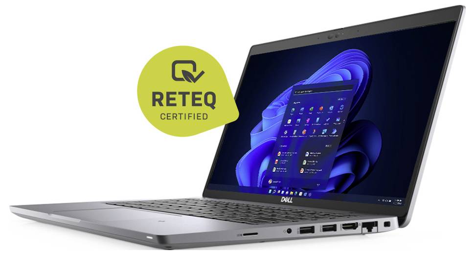 Ein Dell-Laptop, der den Windows-11-Desktopbildschirm anzeigt, mit einem „RETEQ Certified