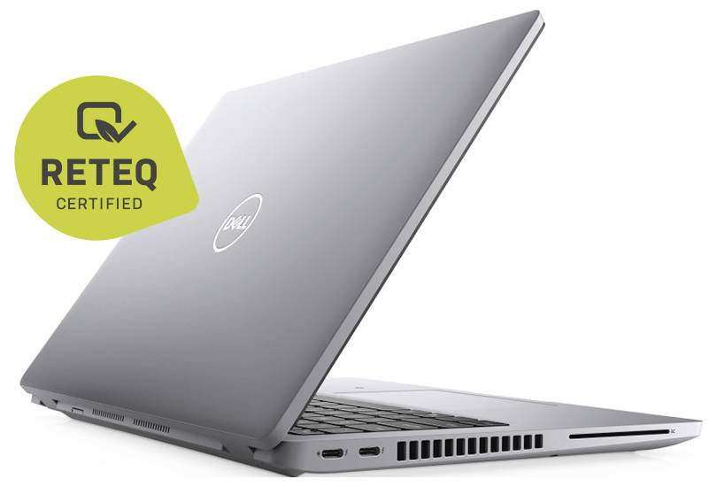 „Silver Dell Laptop teilweise geöffnet auf weißem Hintergrund mit REQET-Zertifikat-Badge in der oberen linken Ecke.