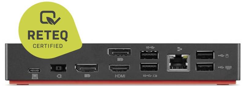 Das Bild zeigt die Rückseite eines Geräts mit verschiedenen Anschlüssen, einschließlich USB, HDMI, Ethernet und einem Logo mit der Aufschrift 