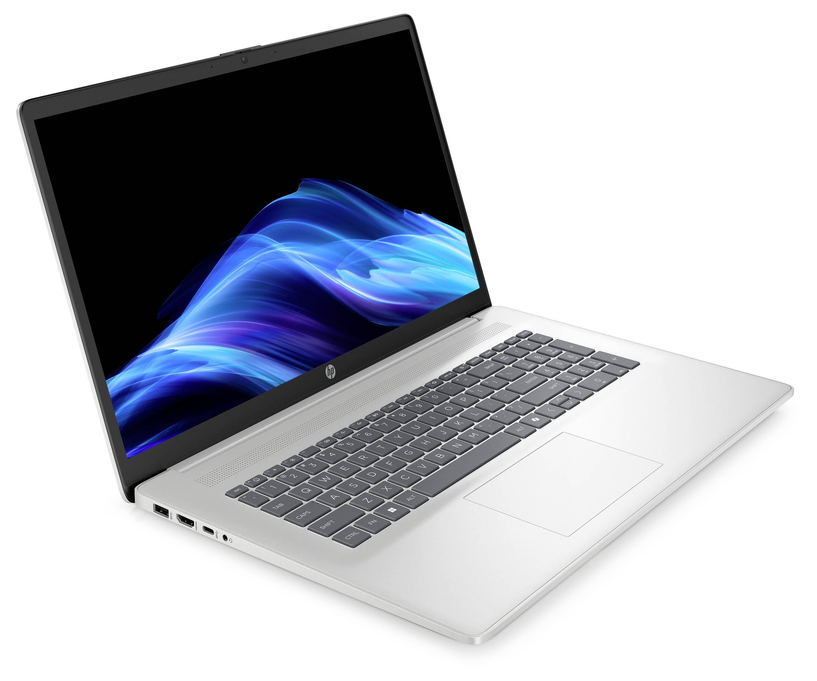 Ein silberner Laptop mit einem wellenförmigen blauen Lichtdesign auf dem Bildschirm, in einem Winkel geöffnet, zeigt eine schwarze Tastatur und mehrere Anschlüsse an der Seite.