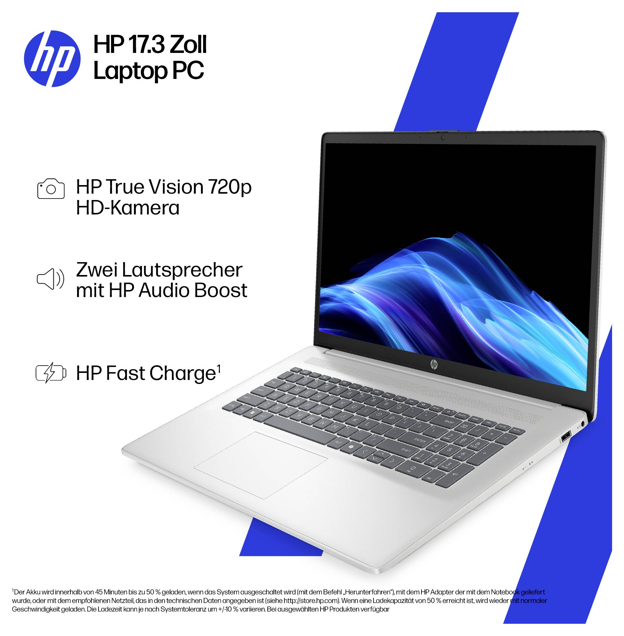Das Bild zeigt einen HP-Laptop mit 17,3 Zoll mit aufgelisteten Funktionen: HD-Kamera, zwei Lautsprecher mit HP Audio Boost und HP Fast Charge.