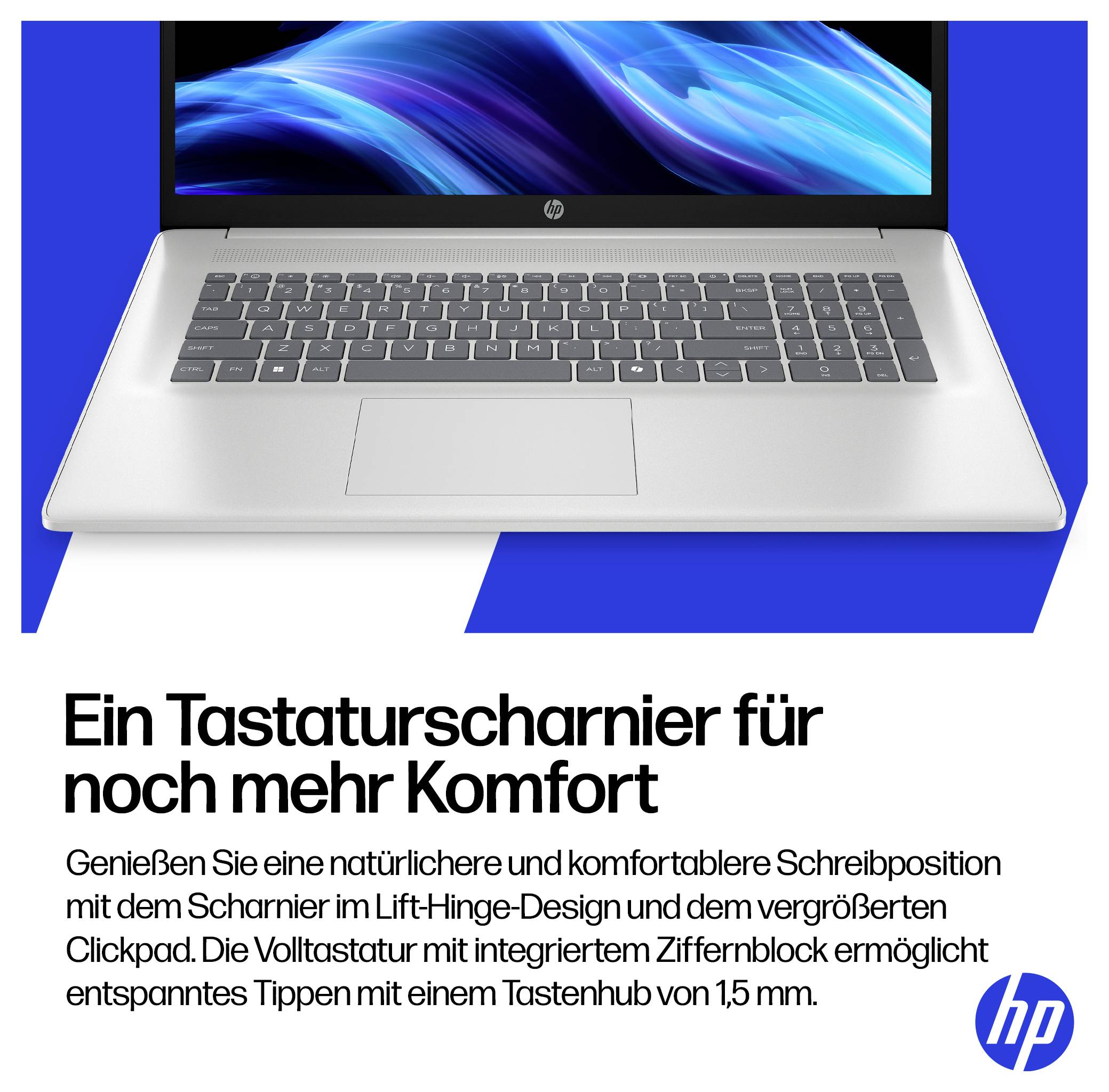 Ein Laptop mit einem blauem Wellenmuster auf dem Bildschirm ist über dem Text positioniert: „Ein Tastaturscharnier für noch mehr Komfort