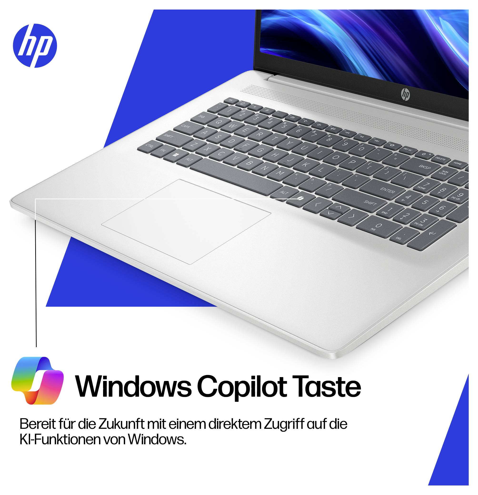 Ein silberner Laptop mit sichtbarem Tastaturdesign. Der Text lautet: „Windows Copilot-Taste. Bereit für die Zukunft mit direktem Zugriff auf die KI-Funktionen von Windows.