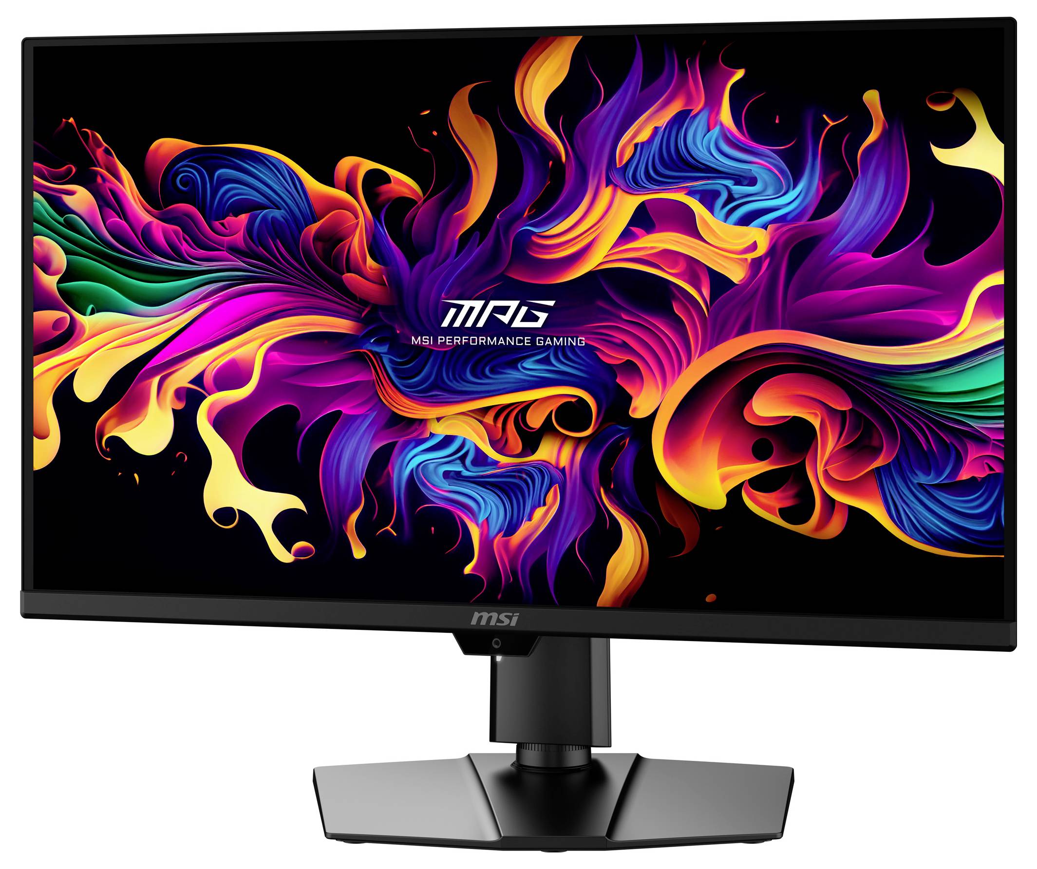 Ein Computermonitor, der ein lebendiges, farbiges abstraktes Design mit wirbelnden Mustern zeigt, mit der Aufschrift „MSI Performance Gaming