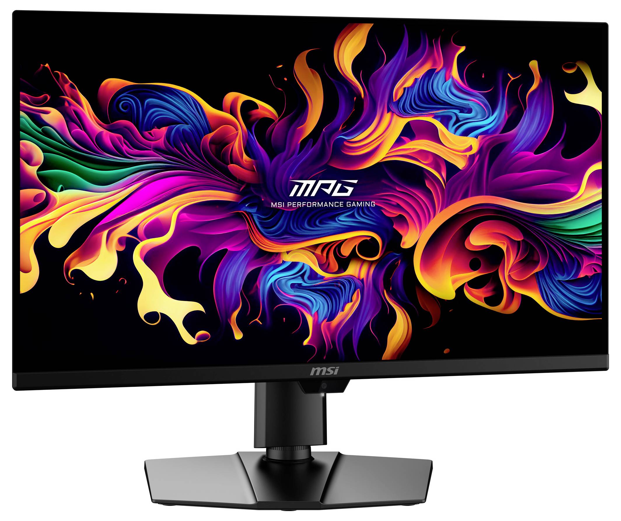 Ein Monitor zeigt ein lebendiges, mehrfarbiges abstraktes Design mit wirbelnden Mustern. Das MSI-Logo ist auf der Bildschirmmitte positioniert.