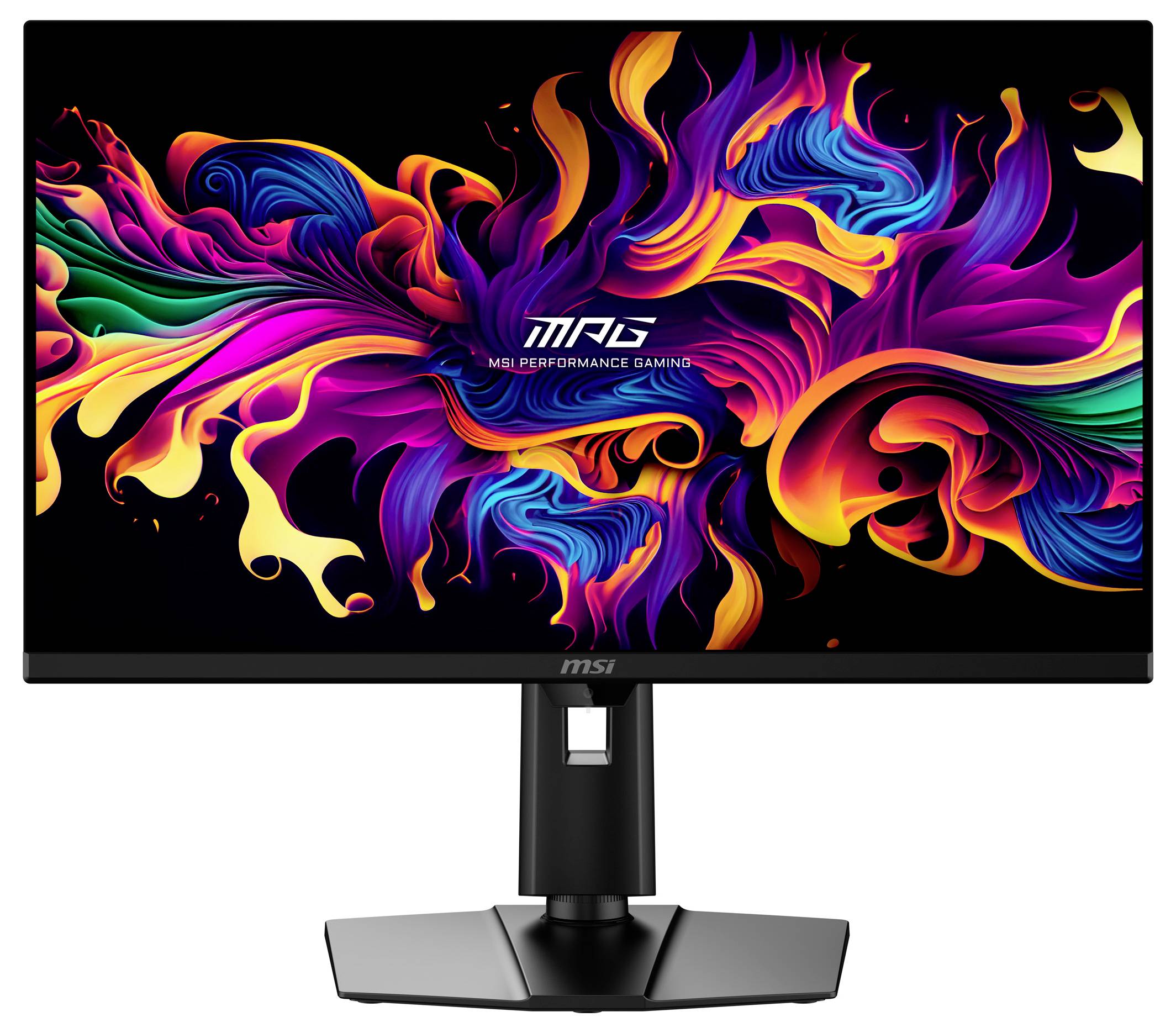 Ein Computermonitor, auf dem farbenfrohe abstrakte Kunstwerke mit wirbelnden Mustern und dem Logo 