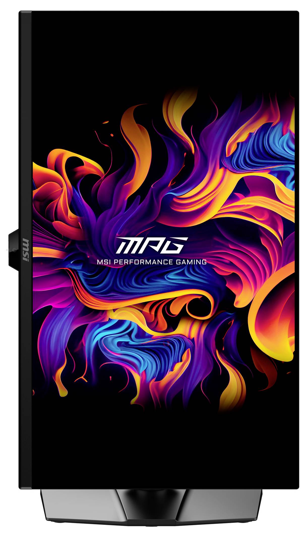 MSI Performance Gaming Text auf einem Monitor-Bildschirm mit abstrakten, farbenfrohen Wirbeln in Rot-, Orange-, Lila- und Blautönen.