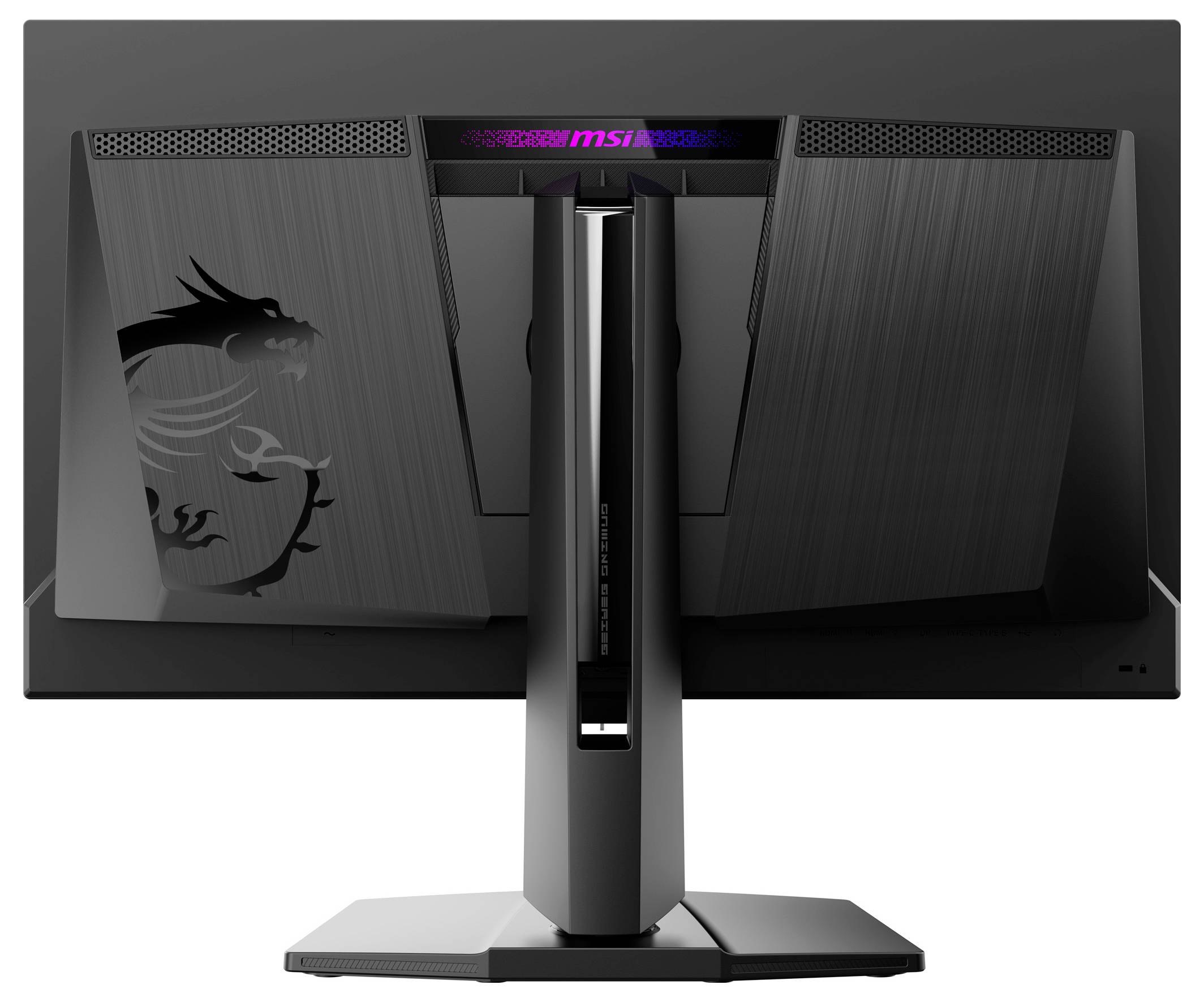 Ein schwarzer Computermonitor mit einem Drachen-Design auf der Rückseite, ausgestattet mit RGB-Beleuchtung und einem robusten Ständer. Das Markenlogo ist sichtbar.