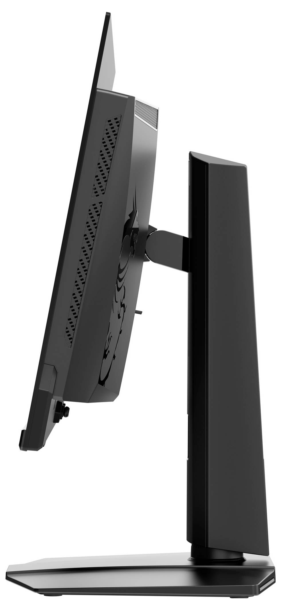 Ein schlanker schwarzer Computermonitor in einer Seitenansicht, auf dem sein verstellbarer Ständer zu sehen ist, der für ergonomische Höhen- und Neigungspositionierung ausgelegt ist.