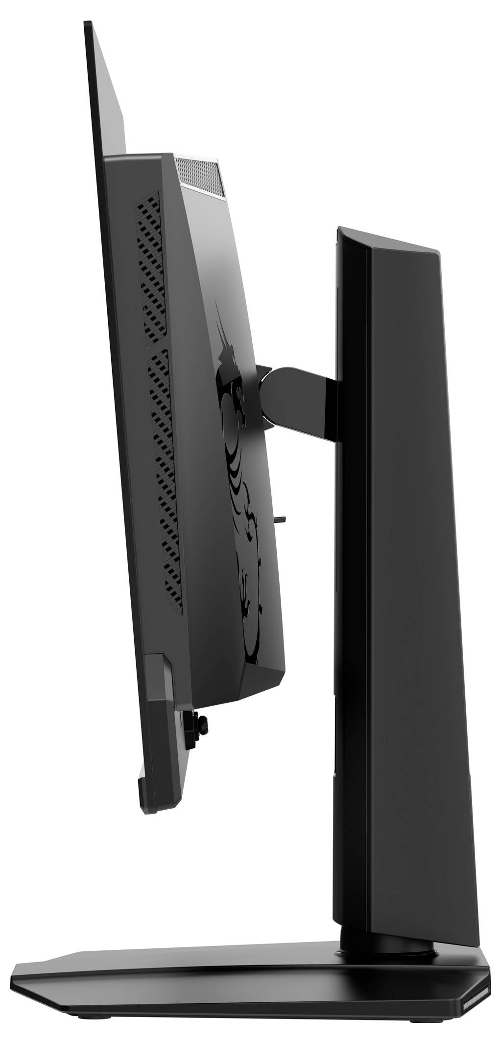 Eine Seitenansicht eines eleganten, schwarzen, flachen Computermonitors auf einem stabilen Ständer, der sein dünnes Profil und sein minimalistisches Design zur Geltung bringt.