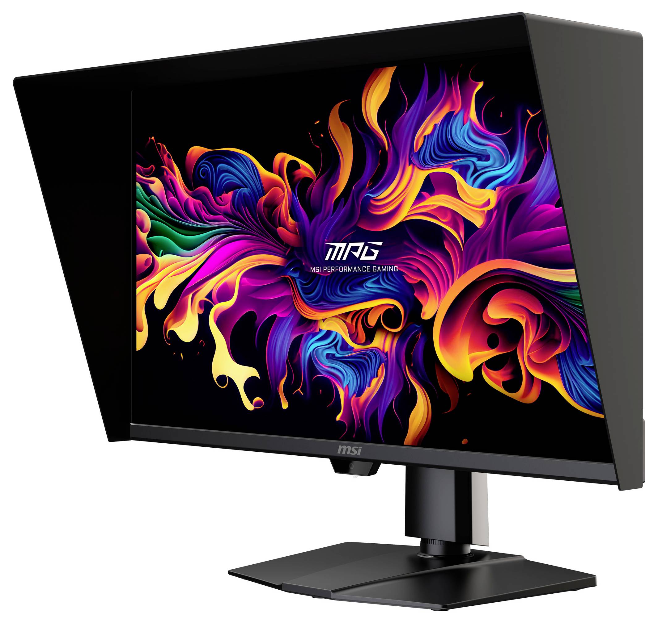 Ein Computermonitor zeigt ein lebendiges, abstraktes Design in Rot-, Orange-, Lila- und Blautönen mit dem Text „MSI Performance Gaming