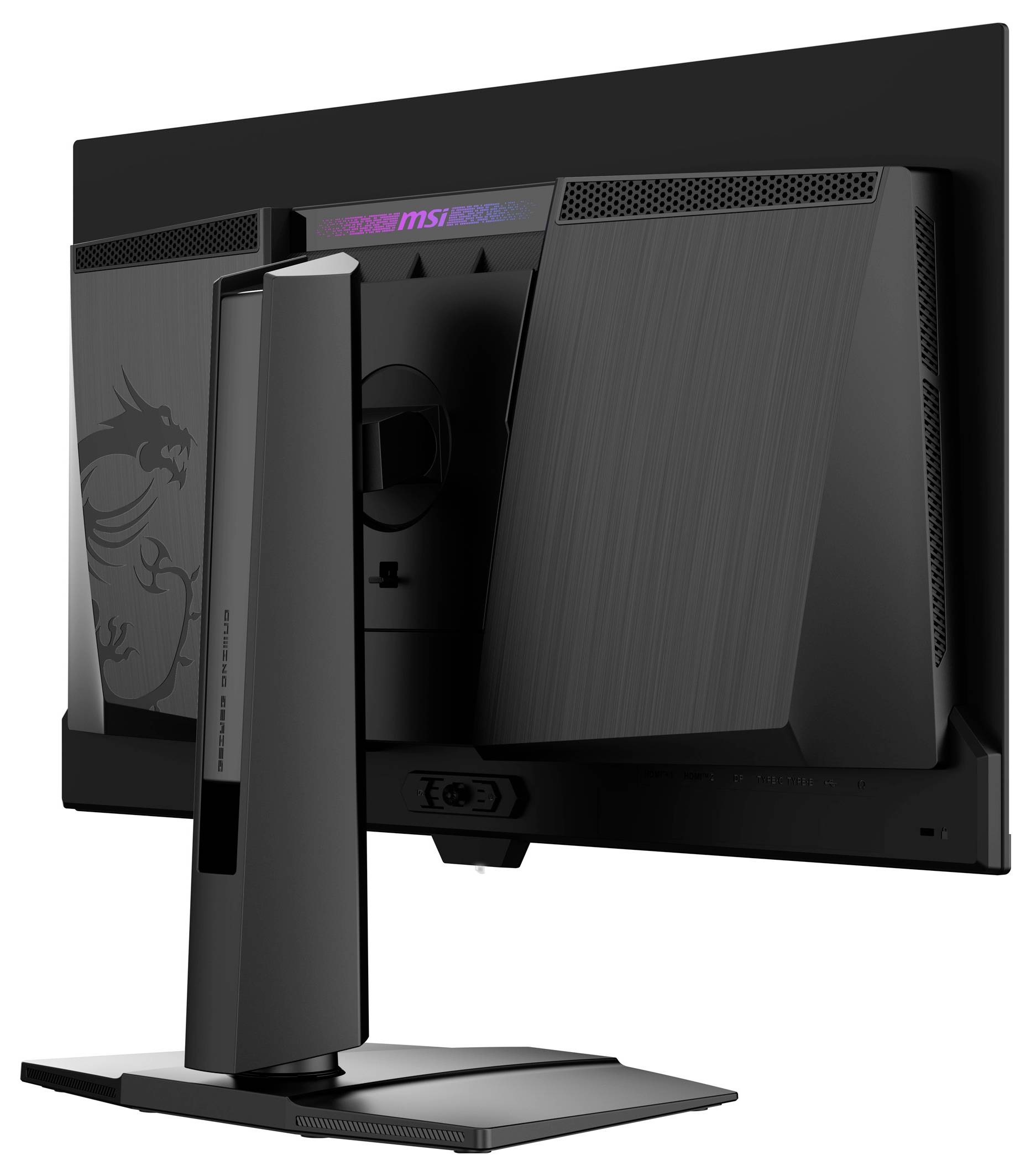 Ein schwarzer Computermonitor von hinten betrachtet, mit einem Drachen-Logo und verschiedenen Lüftungsöffnungen auf der Rückseite. Der Ständer ist sichtbar mit stabilen Stützpfeilern.