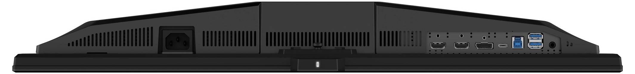 Rückansicht eines Monitors, die mehrere Ein-/Ausgänge zeigt, einschließlich HDMI, USB und Display-Anschlüsse, mit dem Stromstecker auf der linken Seite.