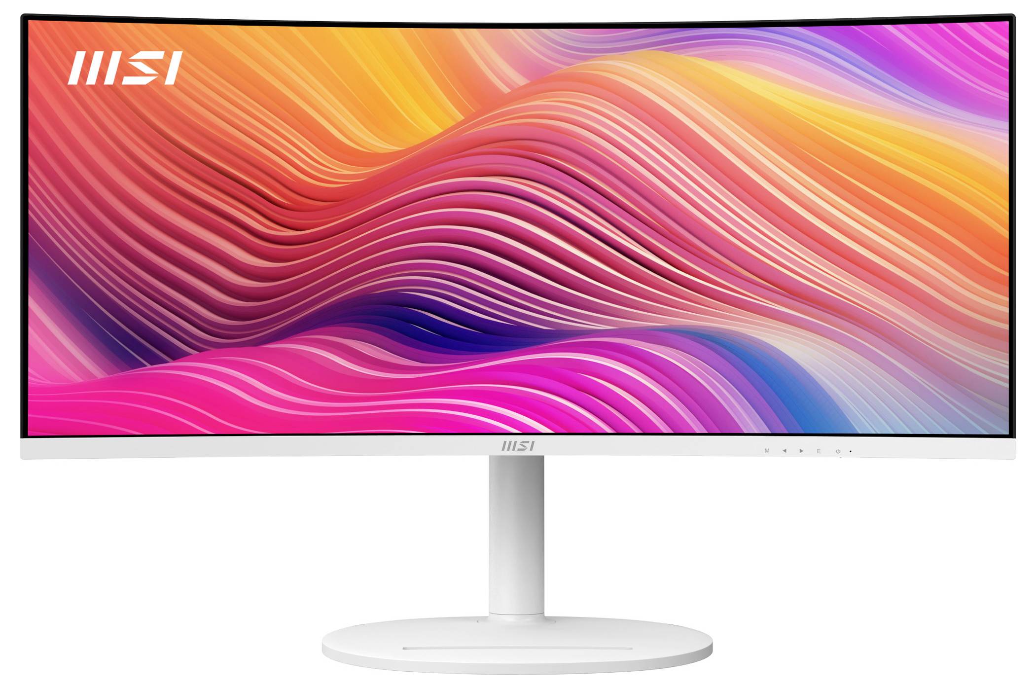Gekrümmter MSI-Monitor mit lebendigem abstraktem Wellenmuster in Pink, Orange und Blau auf dem Bildschirm, angebracht auf einem weißen Ständer.