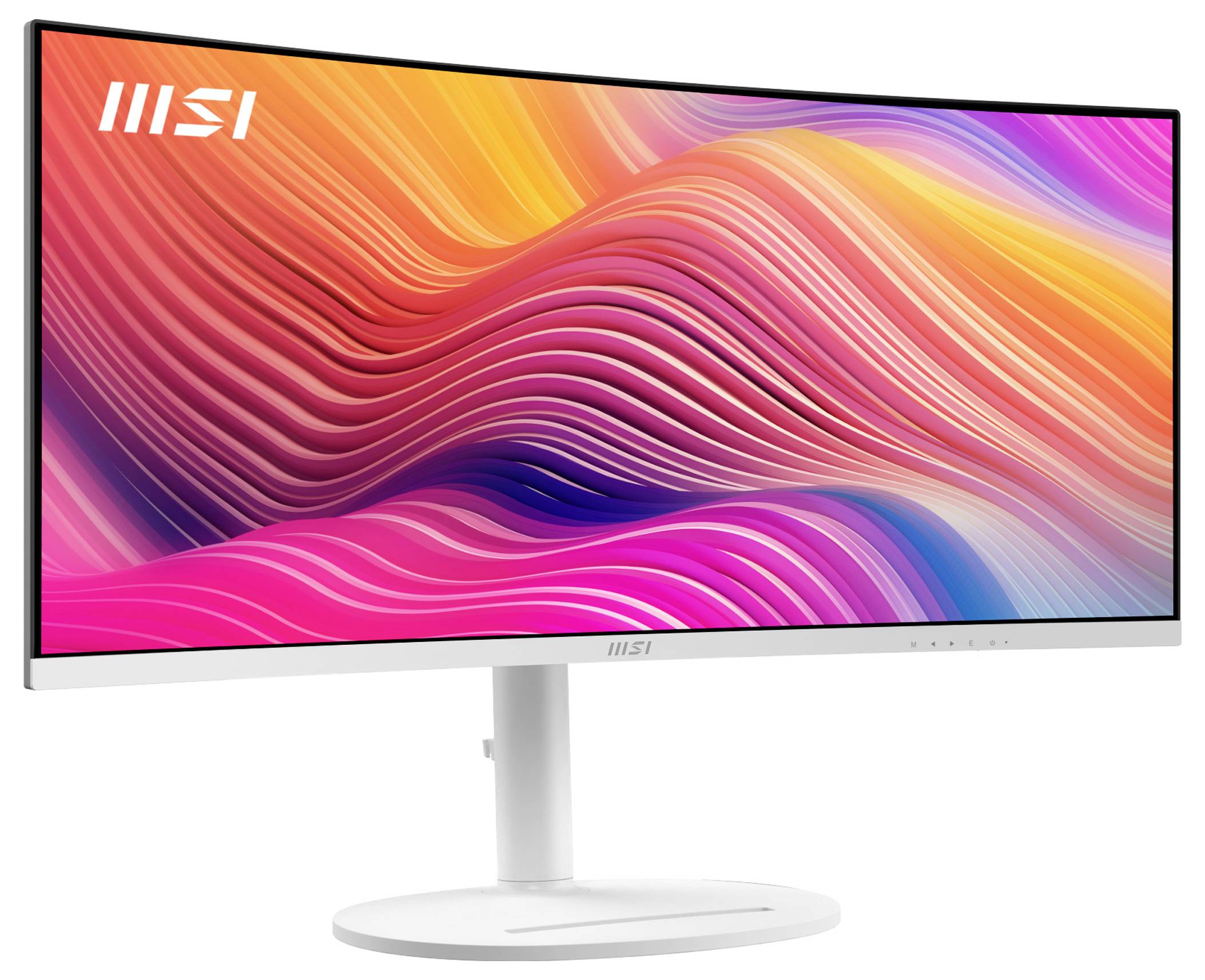 Gebogener Ultrawide-Monitor mit lebendigen, mehrfarbigen abstrakten Wellen, der die breite Farbpalette des Bildschirms und das elegante Design präsentiert.