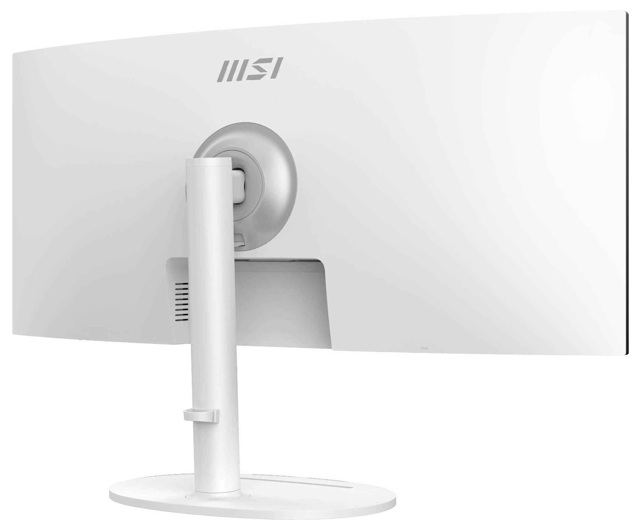 Ein weißer gekrümmter Computermonitor von hinten betrachtet, der seinen Ständer und das MSI-Logo auf der Rückseite zeigt.