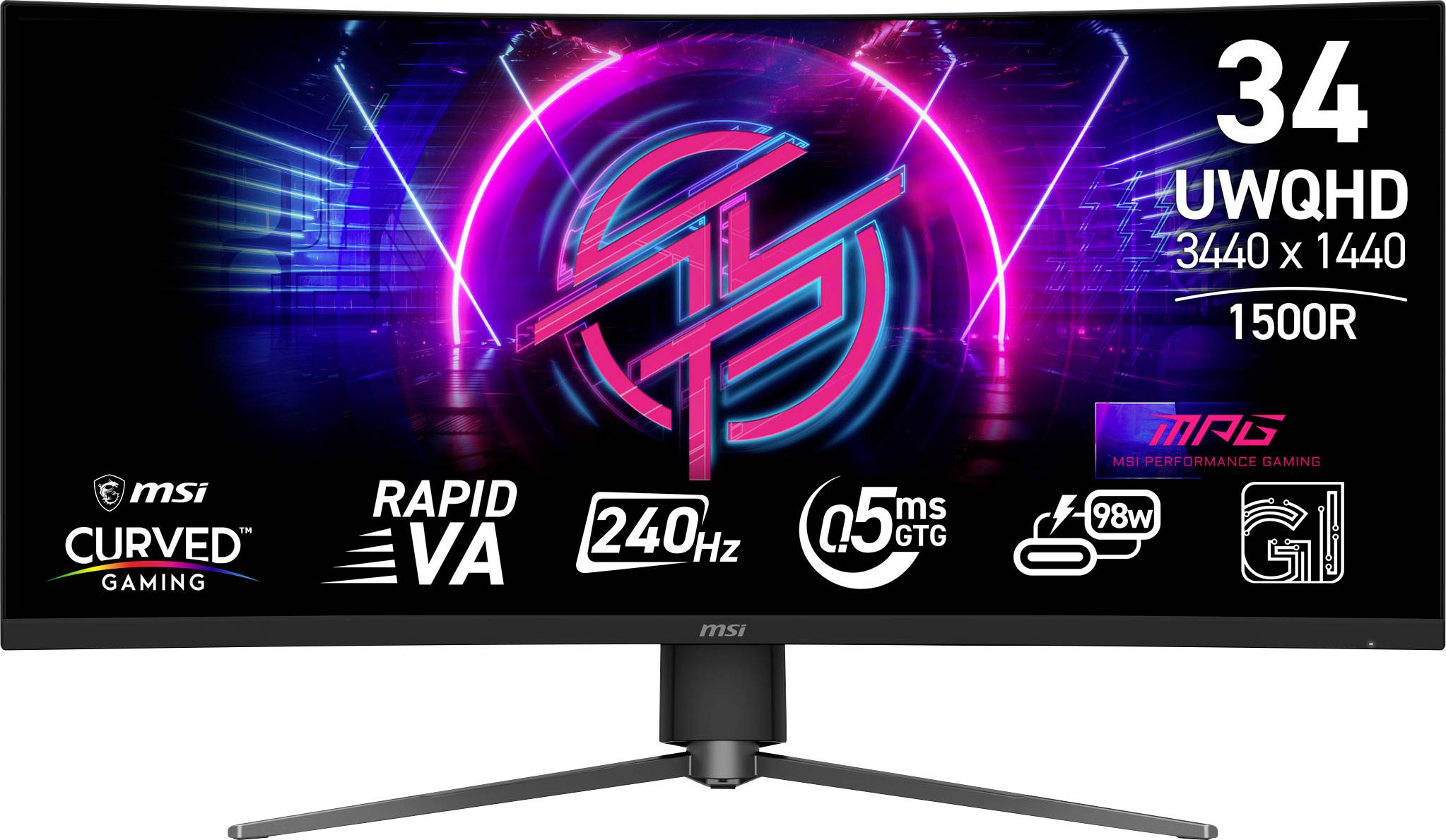 Ein 34-Zoll-Curved-Gaming-Monitor mit leuchtenden Neon-Grafiken. Die Ausstattung umfasst UWQHD-Auflösung, 240-Hz-Bildwiederholfrequenz und 0,5-ms-Reaktionszeit.
