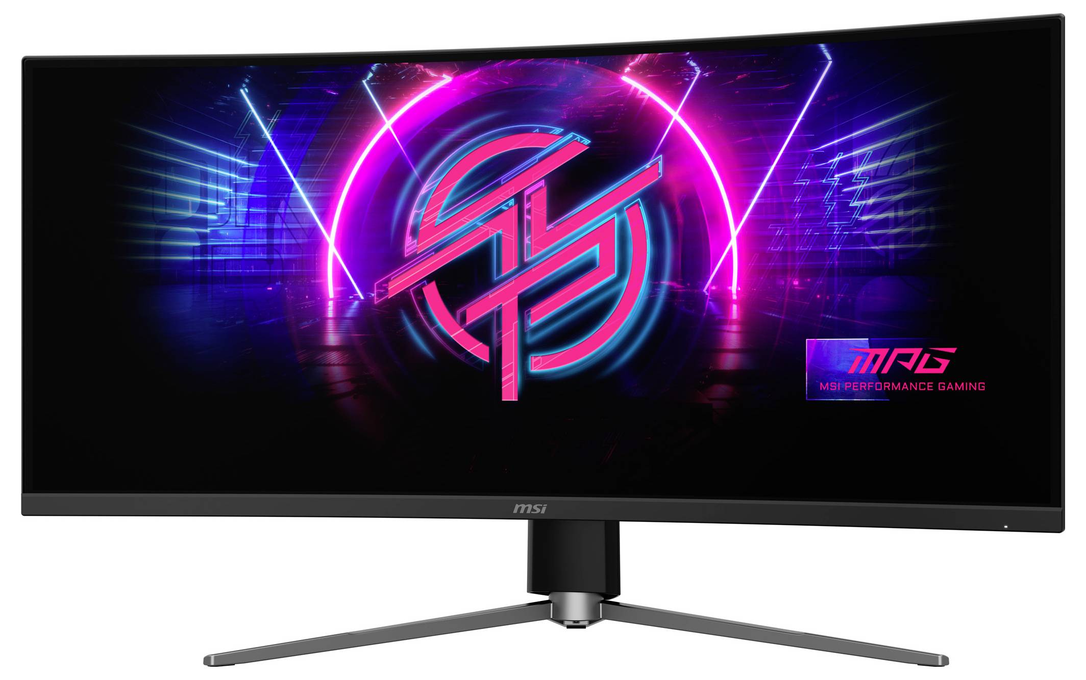 „MSI gekrümmter Gaming-Monitor zeigt lebendige Neon-Grafiken. Logo in der Mitte, Text lautet „MSI PERFORMANCE GAMING