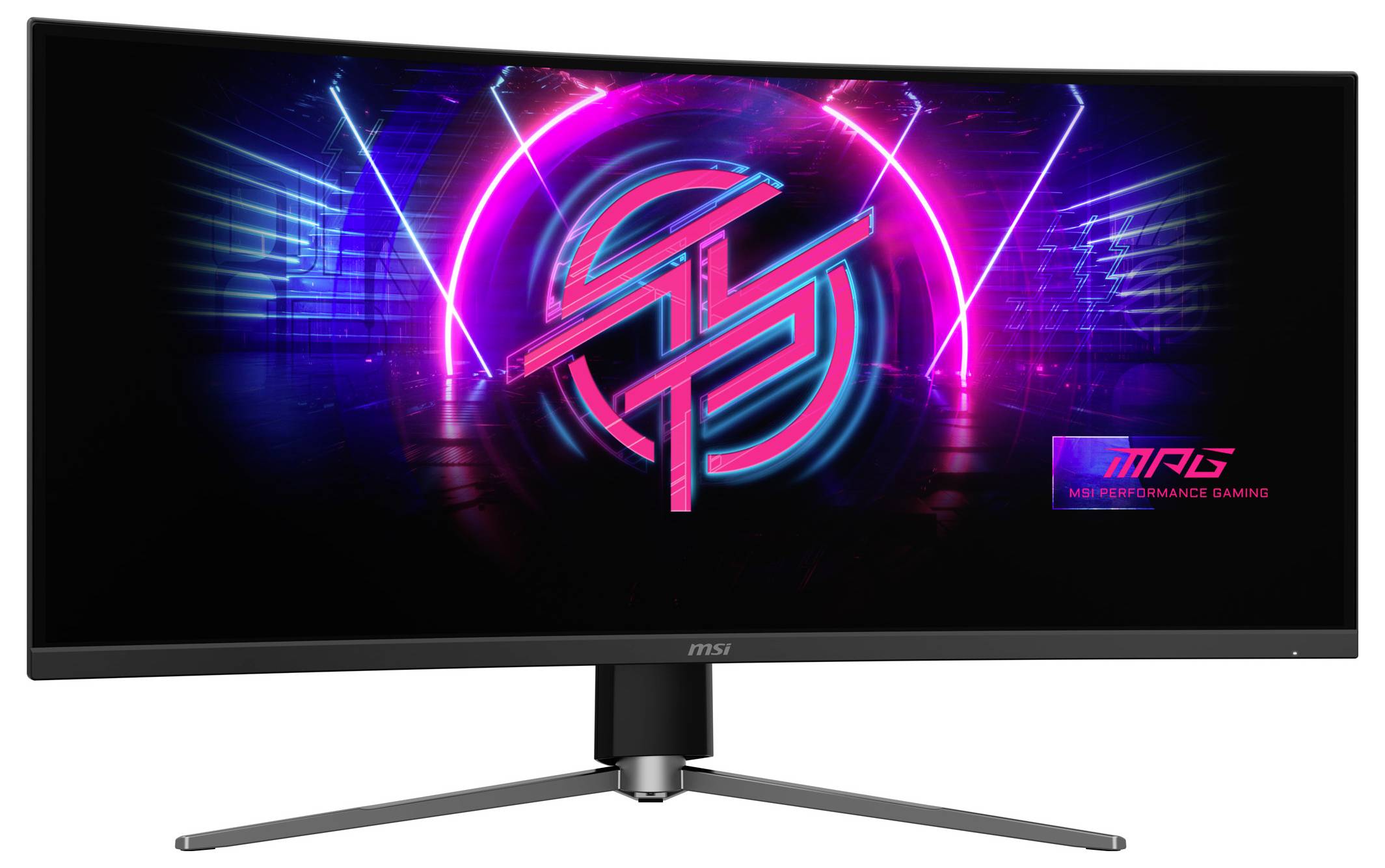 Ein gekrümmter Gaming-Monitor, der lebhafte Neon-Grafiken mit dem MSI-Logo und dem Text „MSI Performance Gaming