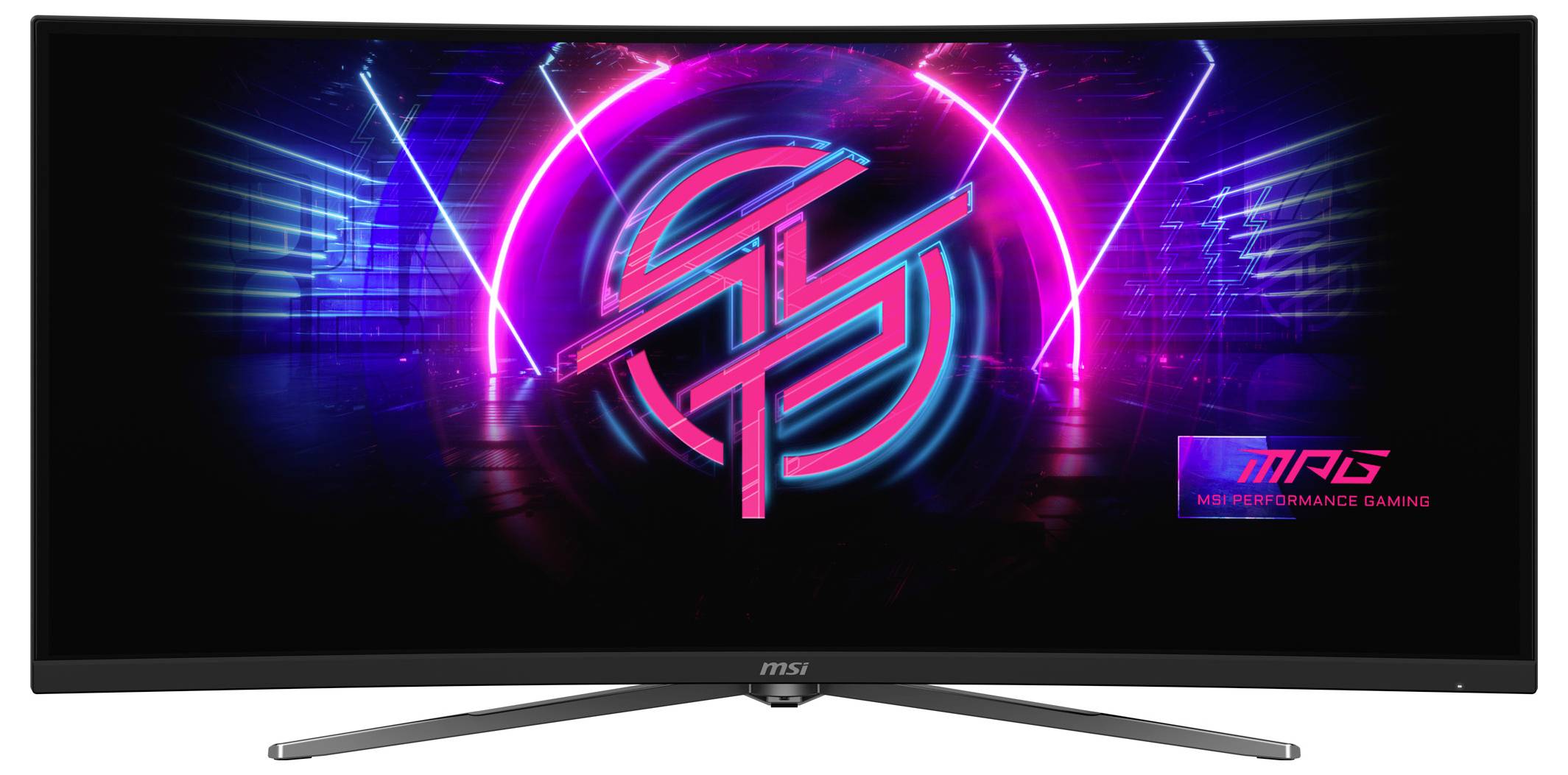 Gekrümmter MSI Gaming-Monitor mit lebendiger Neon-Grafik und dem MSI-Logo in Pink und Blau hervorgehoben.