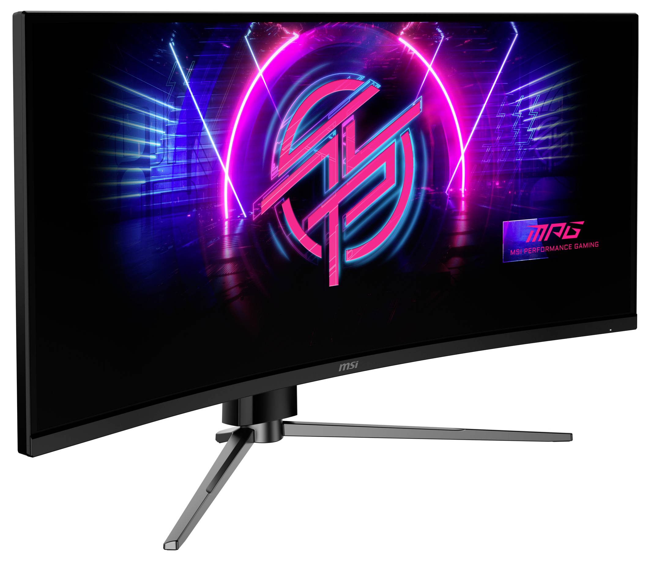 Gekrümmter Gaming-Monitor mit schlankem Design, auf dem lebendige Neon-Grafiken und der Text 