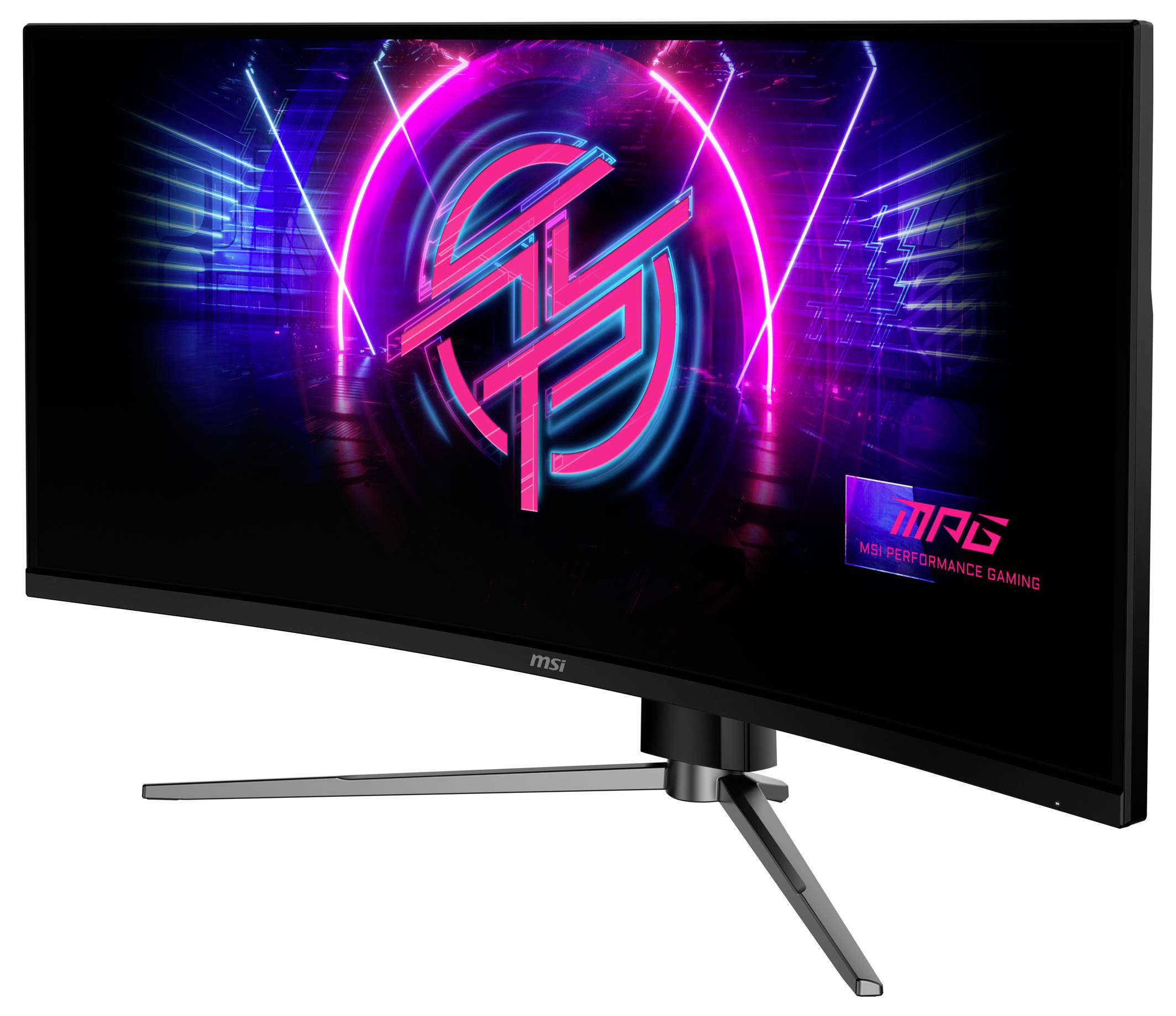 Gekrümmter Gaming-Monitor im Breitbildformat, der Neonlichter und ein futuristisches Logo anzeigt. Das Logo lautet „MSI Performance Gaming