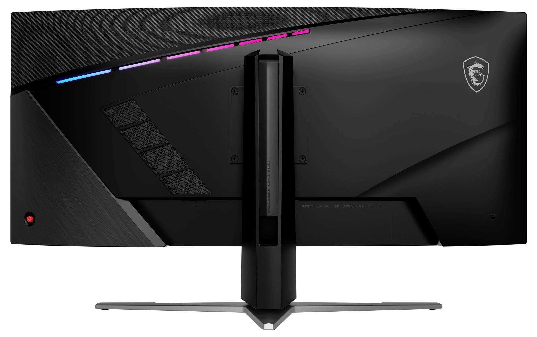 Rückansicht eines großen, gekrümmten Gaming-Monitors mit LED-Leuchten und einem Ständer.