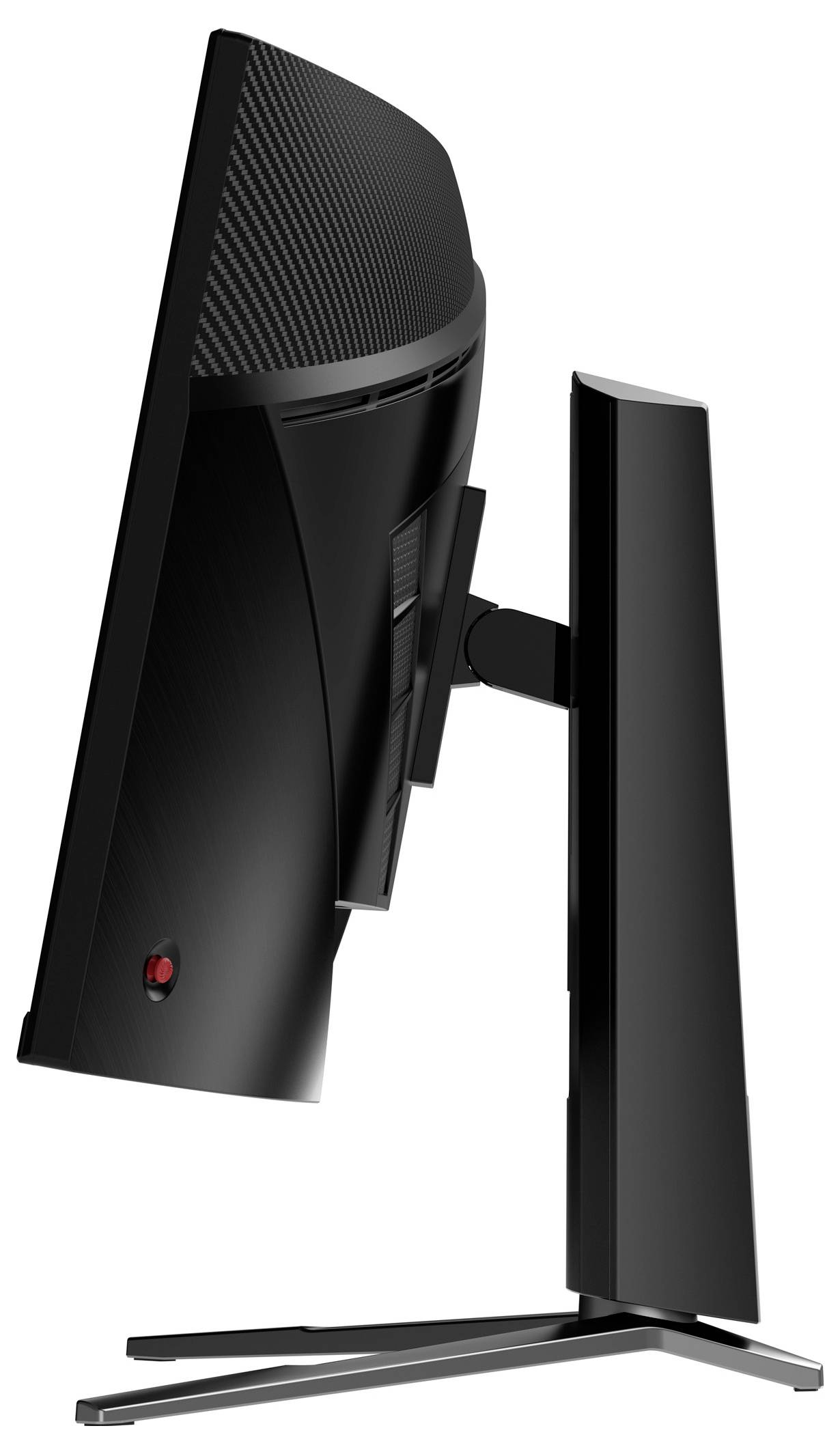 Ein eleganter, moderner schwarzer Computermonitor mit gekrümmtem Bildschirm, von der Seite betrachtet, der sein dünnes Profil und minimalistisches Design hervorhebt.