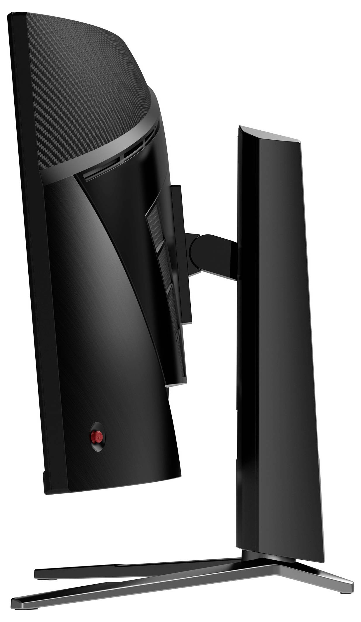 Seitenansicht eines eleganten, schwarzen gebogenen Computermonitors auf einem Ständer, der sein dünnes Profil und sein modernes Design zur Schau stellt.