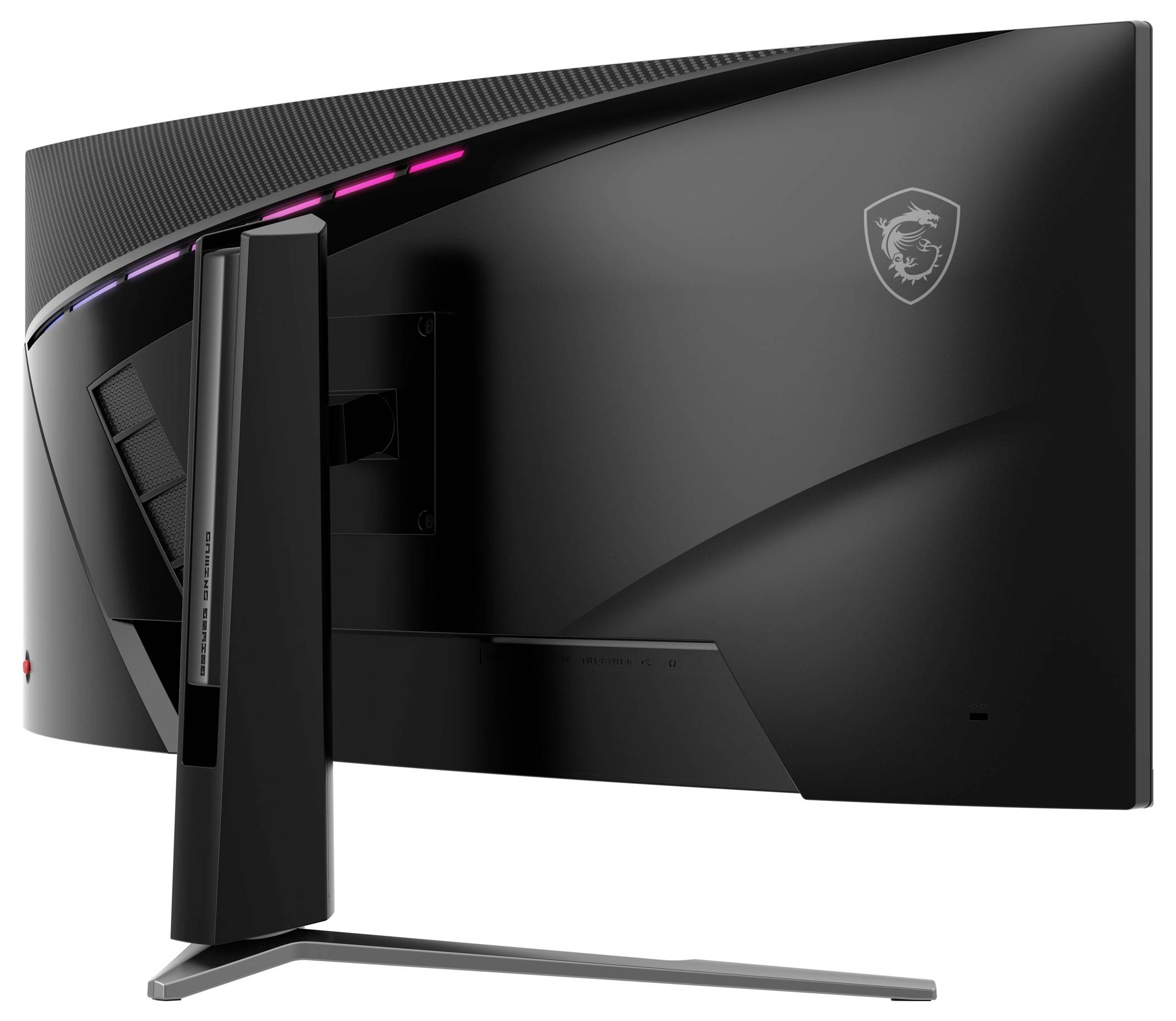 Ein eleganter, gekrümmter Gaming-Monitor von hinten, mit einem schwarzen Gehäuse mit subtiler RGB-Beleuchtung entlang der oberen Kante und einem robusten Ständer.