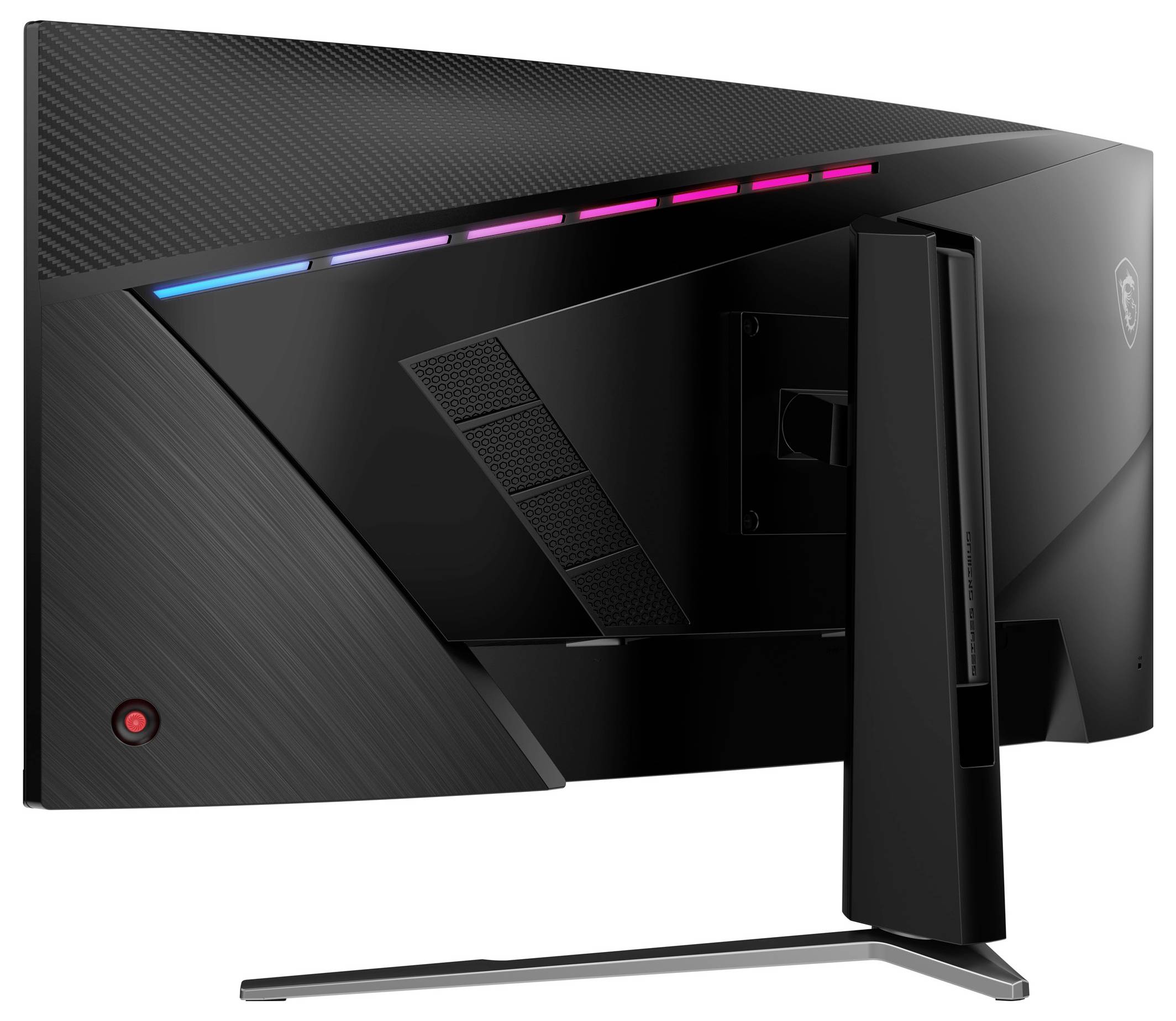 Ein eleganter, schwarzer Gaming-Monitor aus einem hinteren Blickwinkel, der LED-Beleuchtung entlang der oberen Kante und einen stabilen Ständer zeigt und sein modernes Design unterstreicht.