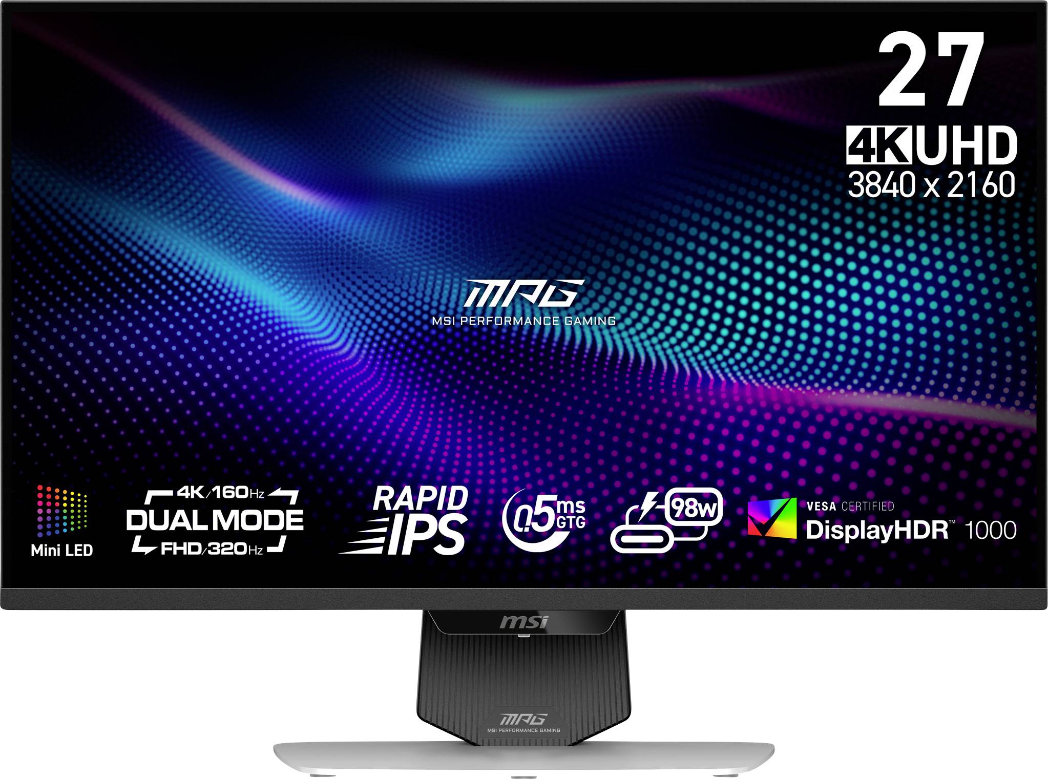 Ein 27-Zoll-MSI-Monitor mit folgenden Spezifikationen: 4K UHD (3840 x 2160), Mini LED, Rapid IPS, 0,5ms GtG, DisplayHDR 1000, 98W Stromverbrauch.