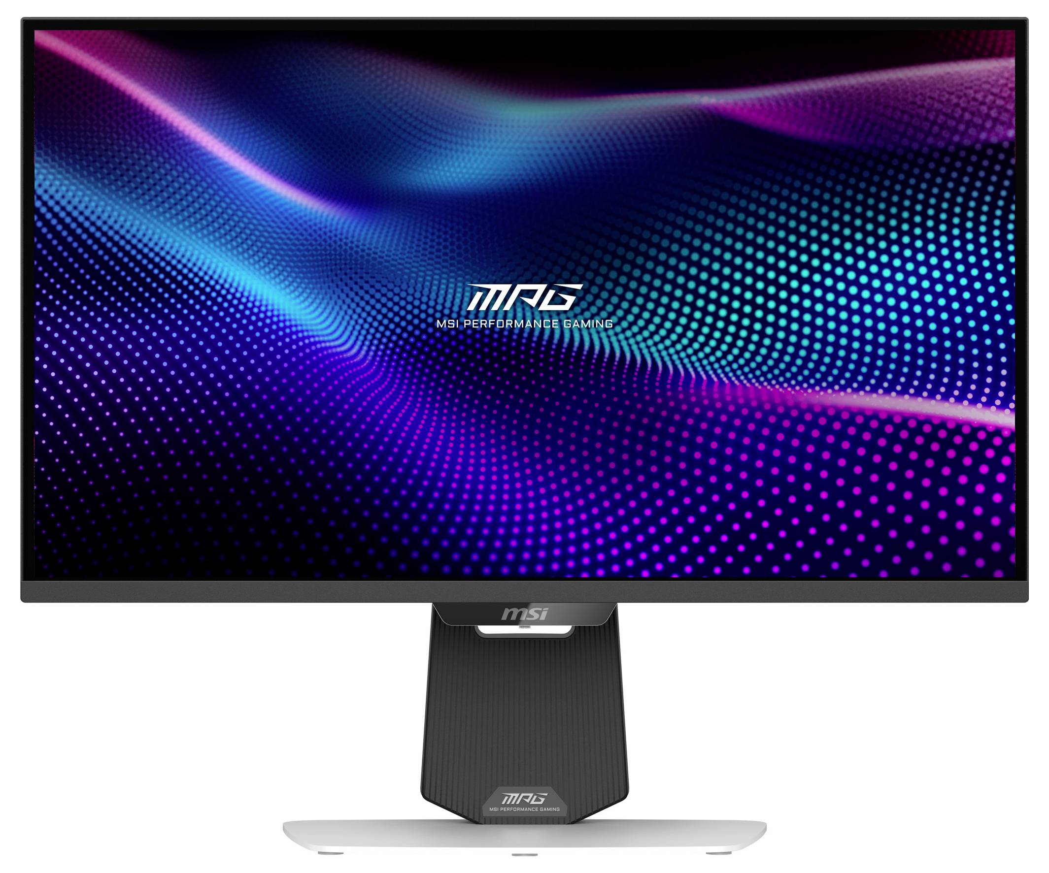 Ein Computermonitor, auf dem ein buntes Wellenmuster angezeigt wird, mit einem eleganten, modernen Design und dünnen Rändern.