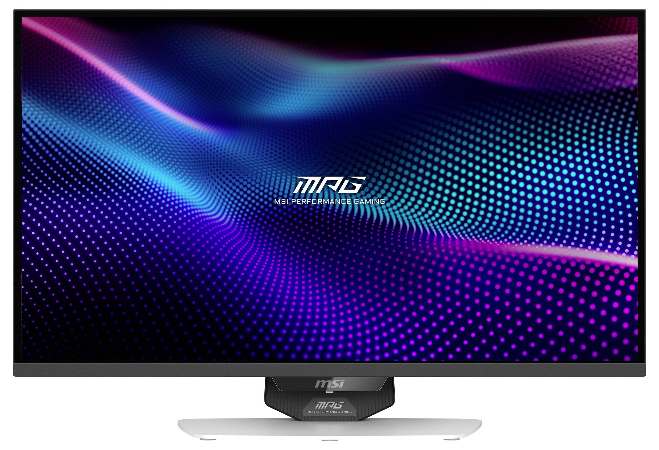 Ein hochauflösender Computermonitor mit lebendigen, wellenförmigen Mustern in Blau und Violett auf dem Bildschirm, mit dem Text 'MAG' und 'MSI'.