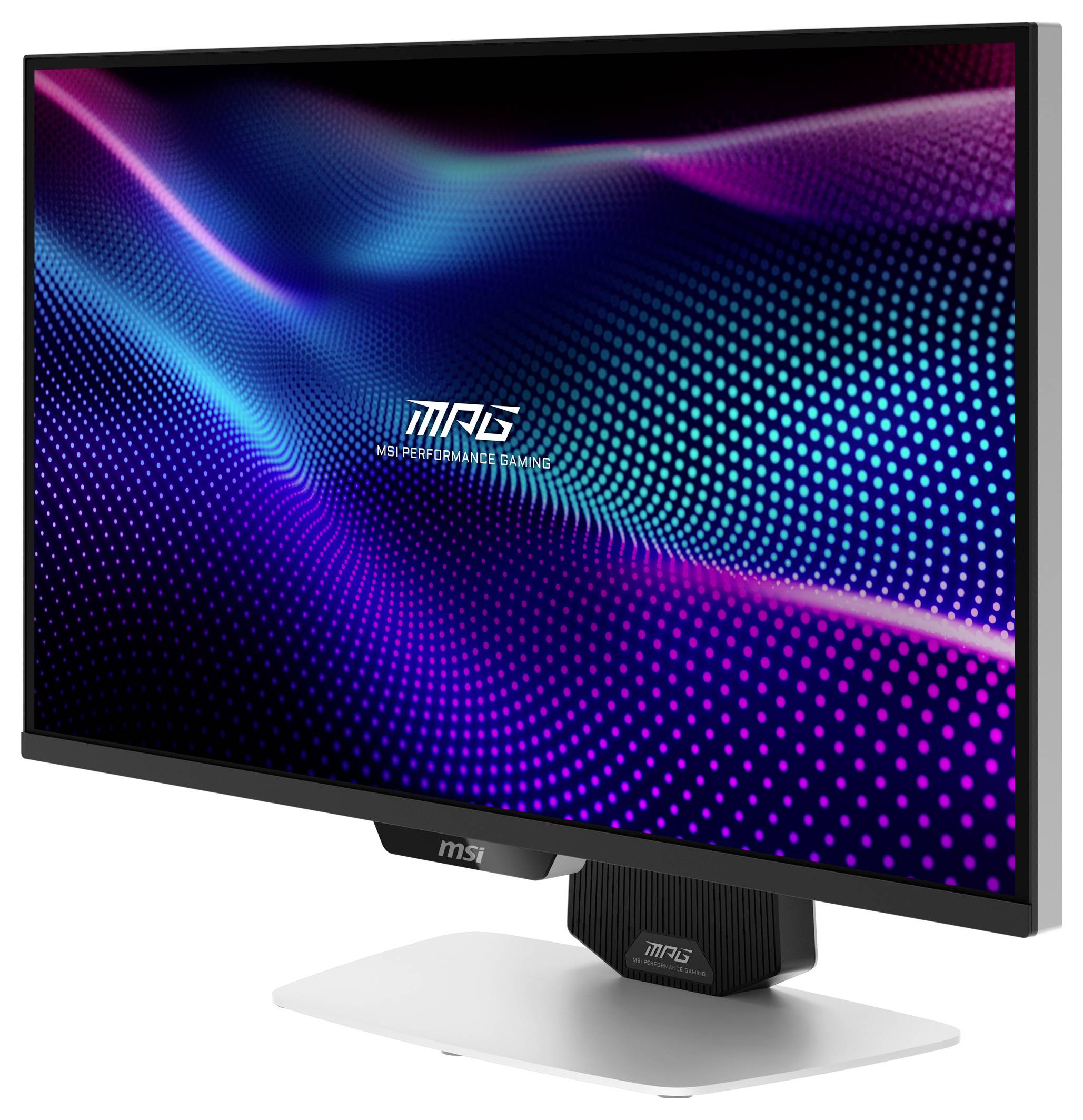 Ein Computermonitor zeigt eine lebendige Grafik mit blauen und rosa Wellen an. Der Text „MPG