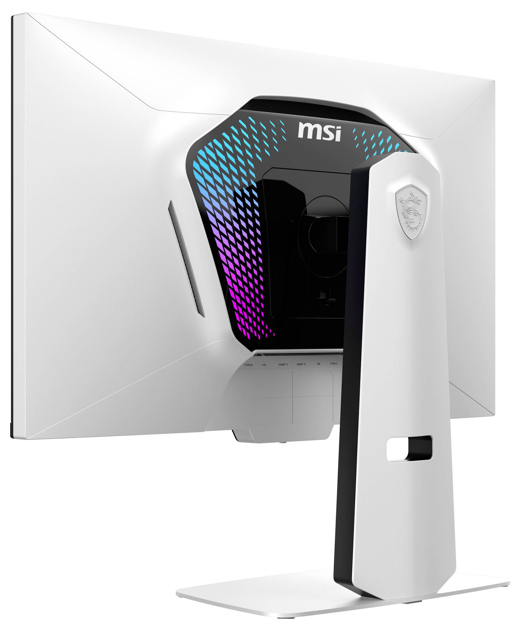 Ein von hinten gezeigter weißer Monitor mit schlankem Design, Ständer, Lüftungspanel und sichtbarem RGB-Beleuchtungsstreifen.