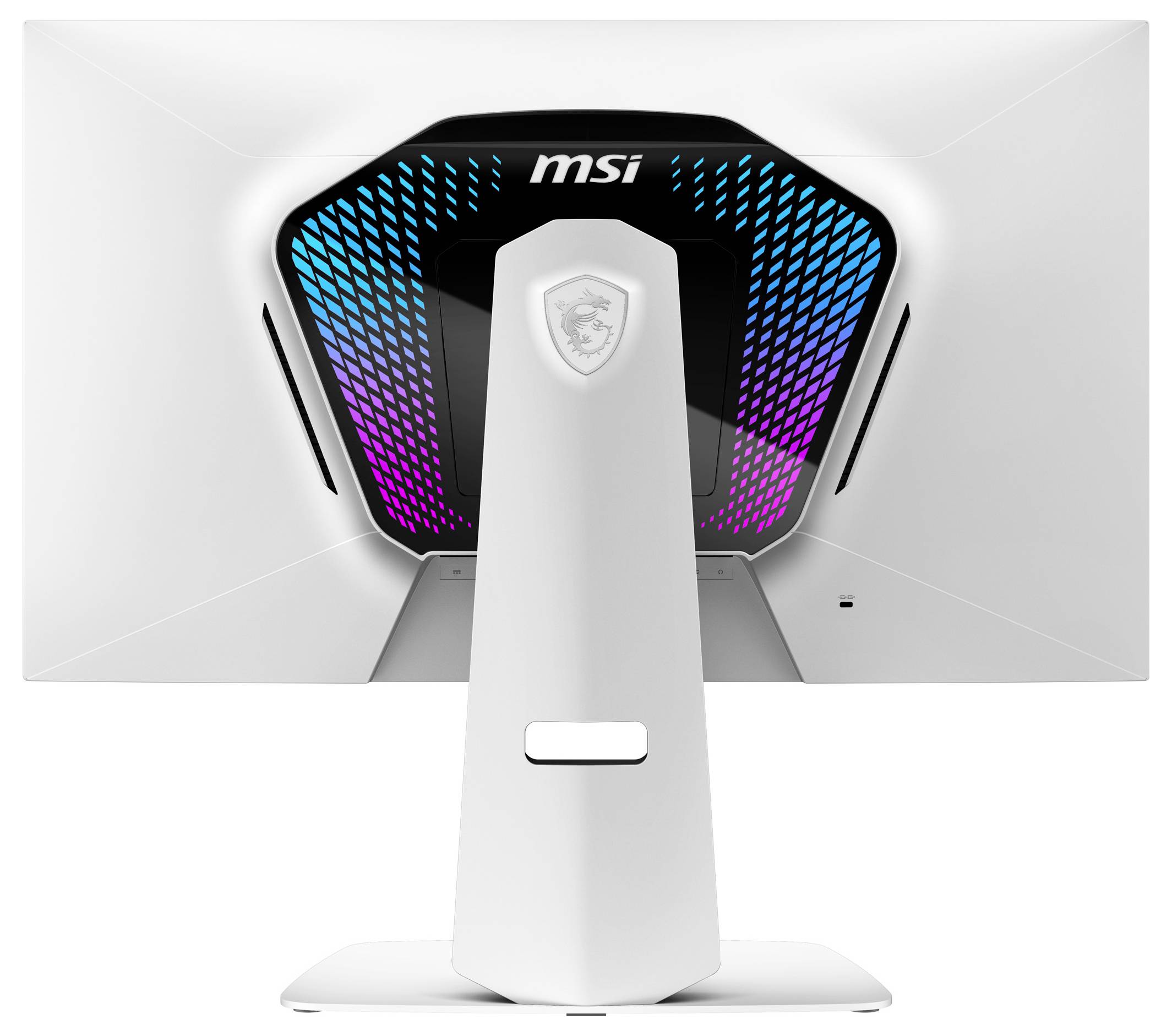 Ein weißer MSI-Gaming-Monitor, von hinten betrachtet, mit mehrfarbigen LED-Leuchten und einem Ständer mit MSI-Logo.