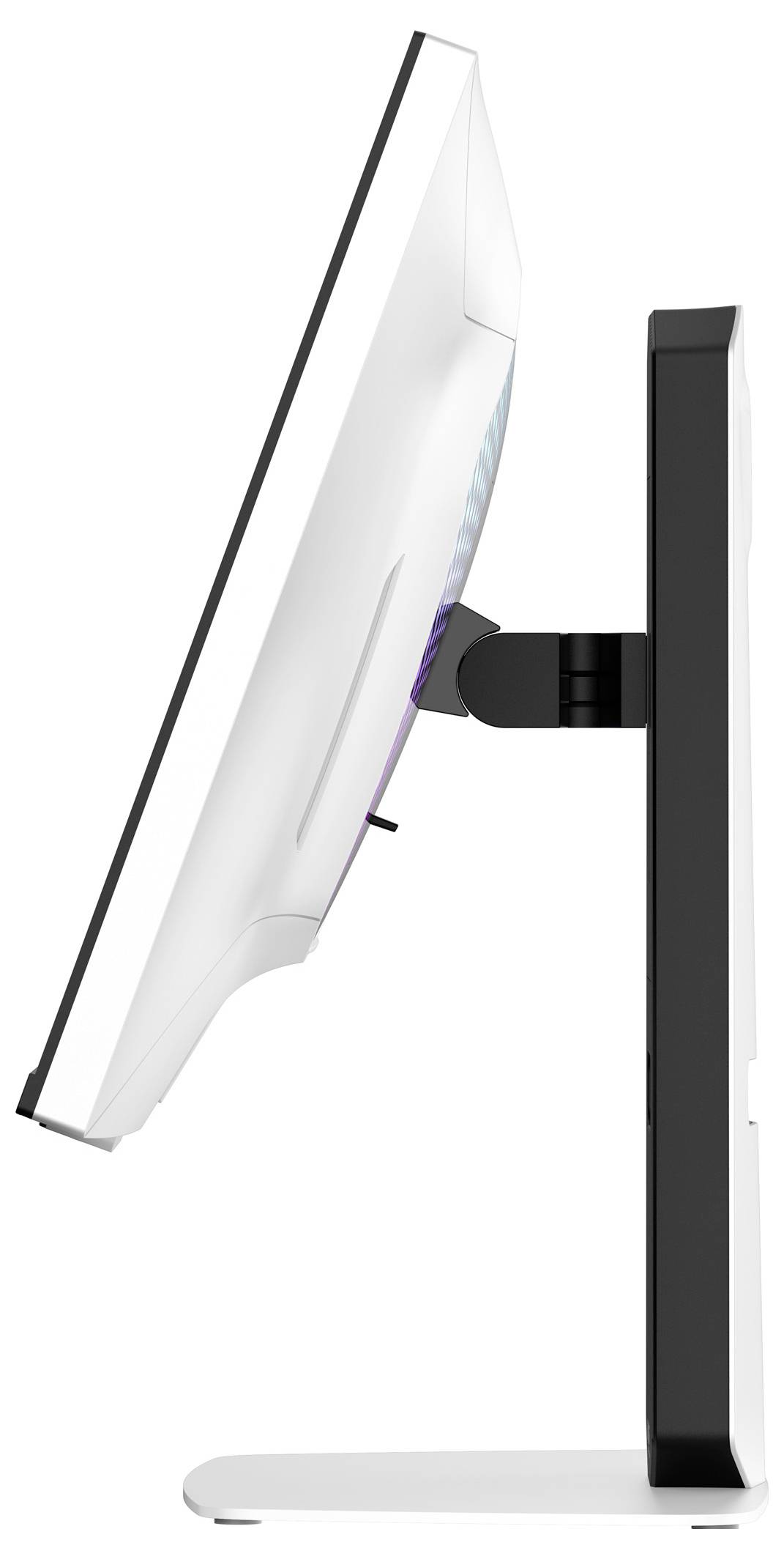 Eine Seitenansicht eines modernen Computermonitors auf einem schwarzen Ständer, die sein schlankes Design und die verstellbare Neigungs­funktion zeigt.