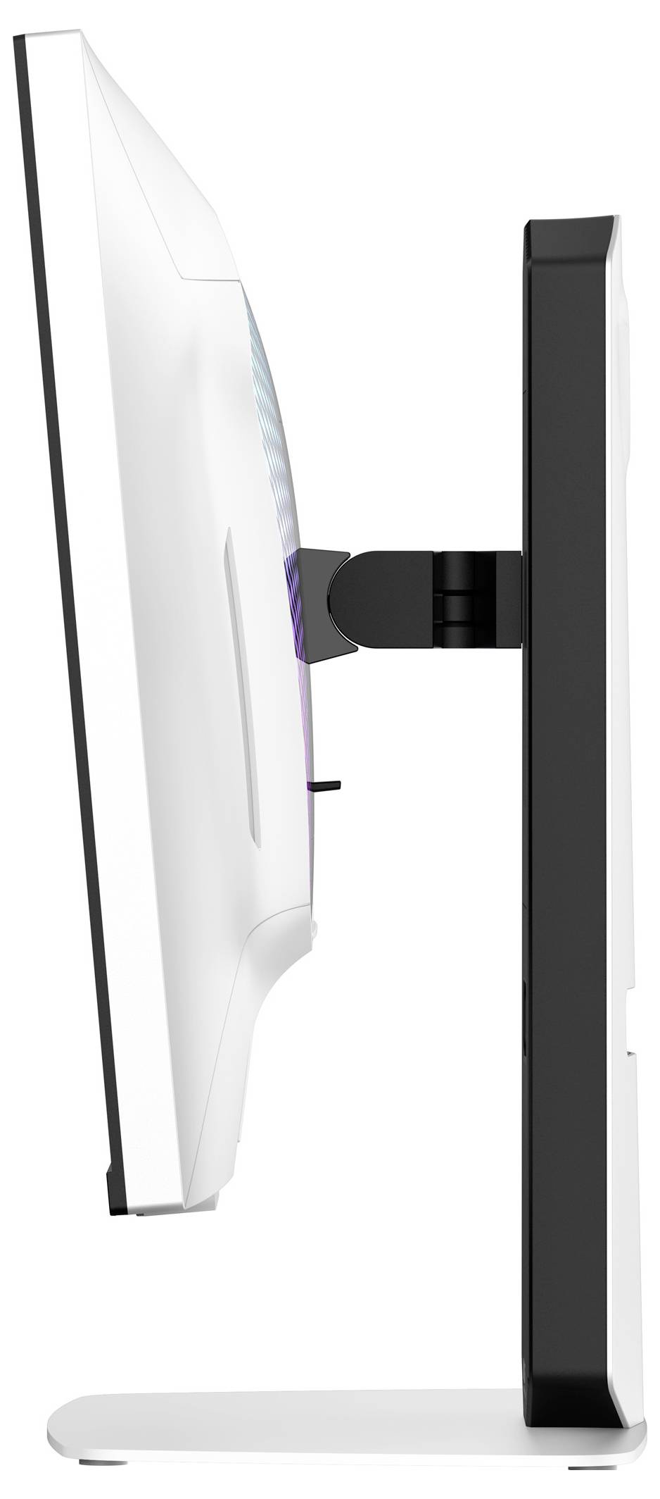 Eine Seitenansicht eines dünnen Computermonitors auf einem Ständer, die sein elegantes Design und sein minimales Profil zeigt.