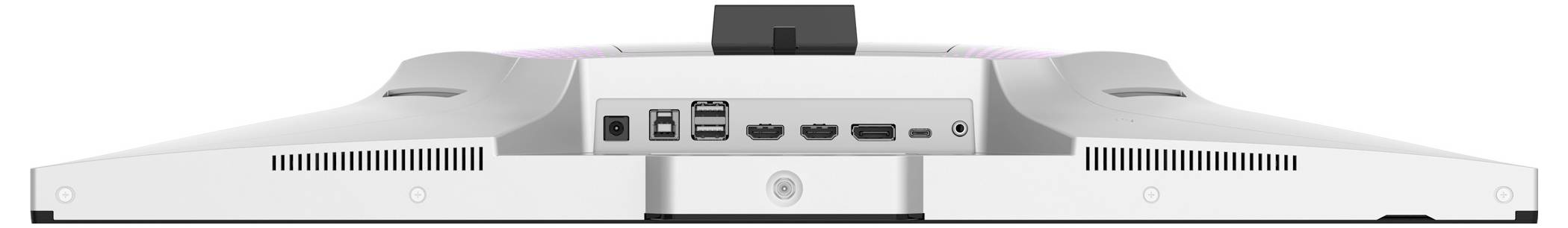 Rückansicht eines Computermonitors mit verschiedenen Anschlüssen wie HDMI, USB und Audio vor weißem Hintergrund.