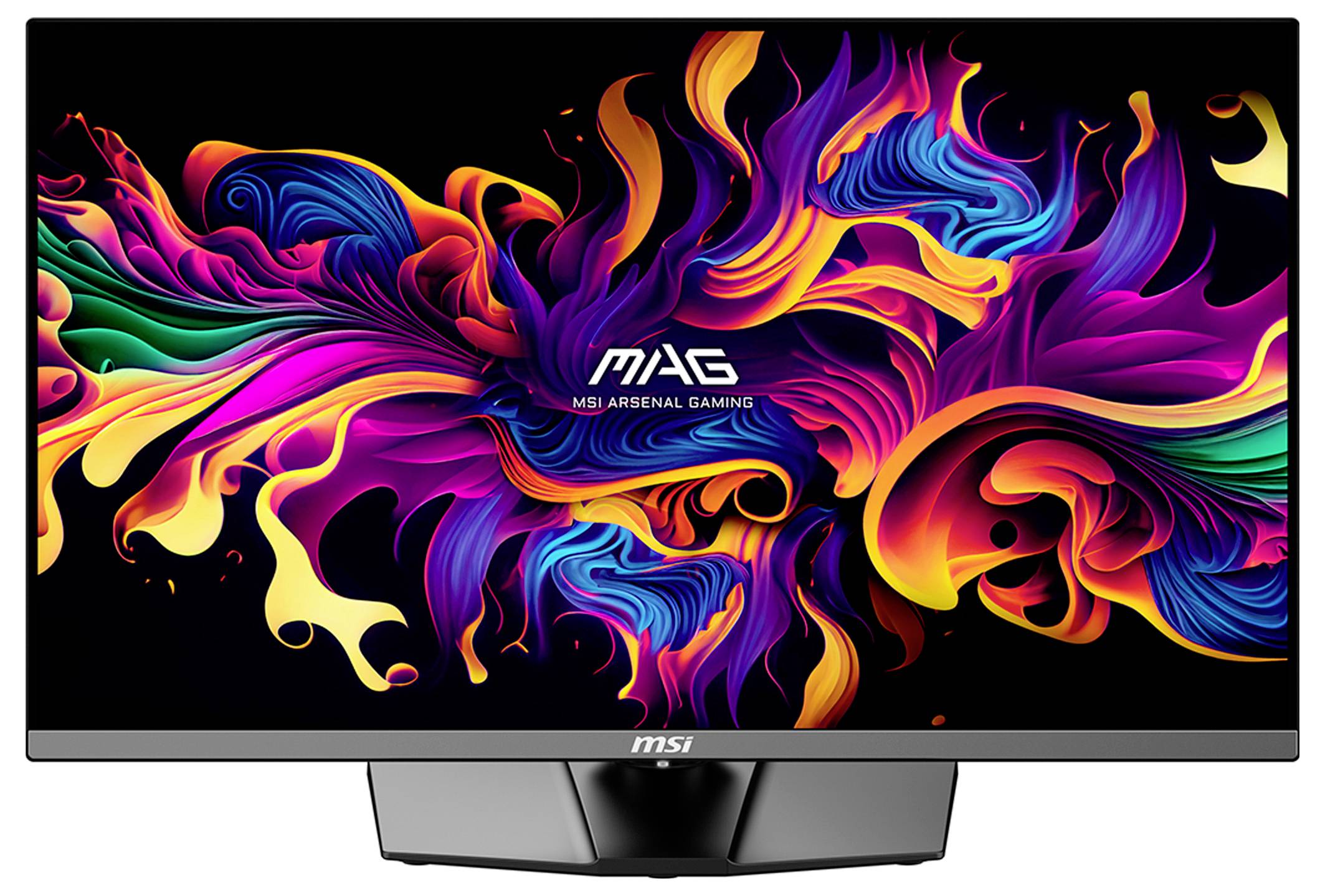 MSI-Monitor zeigt ein lebendiges, abstraktes Design mit wirbelnden, farbenfrohen Mustern in Rot-, Pink-, Blau- und Orangetönen.