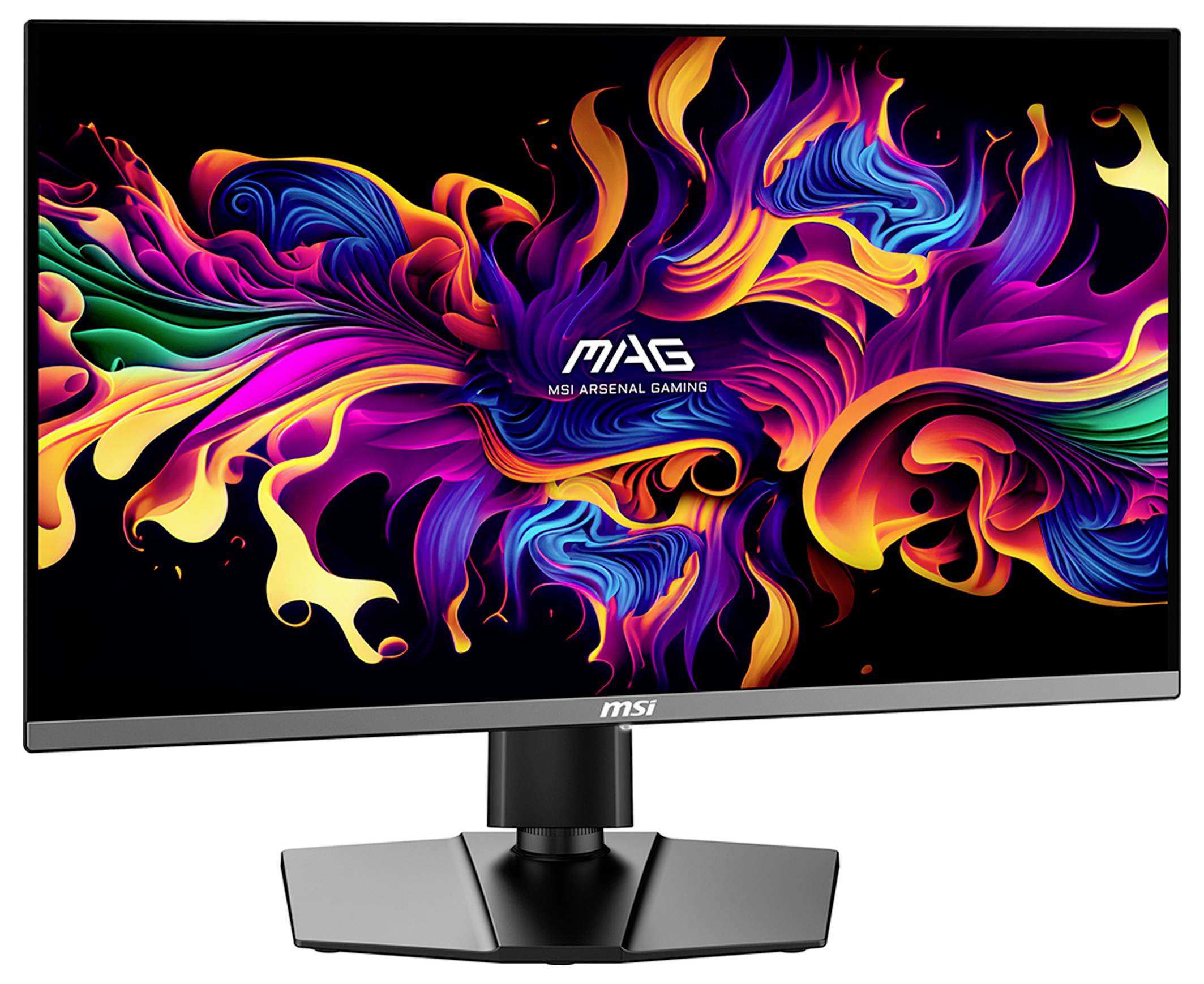 MSI-Gaming-Monitor mit farbenfrohem abstraktem Design auf dem Bildschirm, mit lebendigen Wirbeln in Lila, Orange und Grün