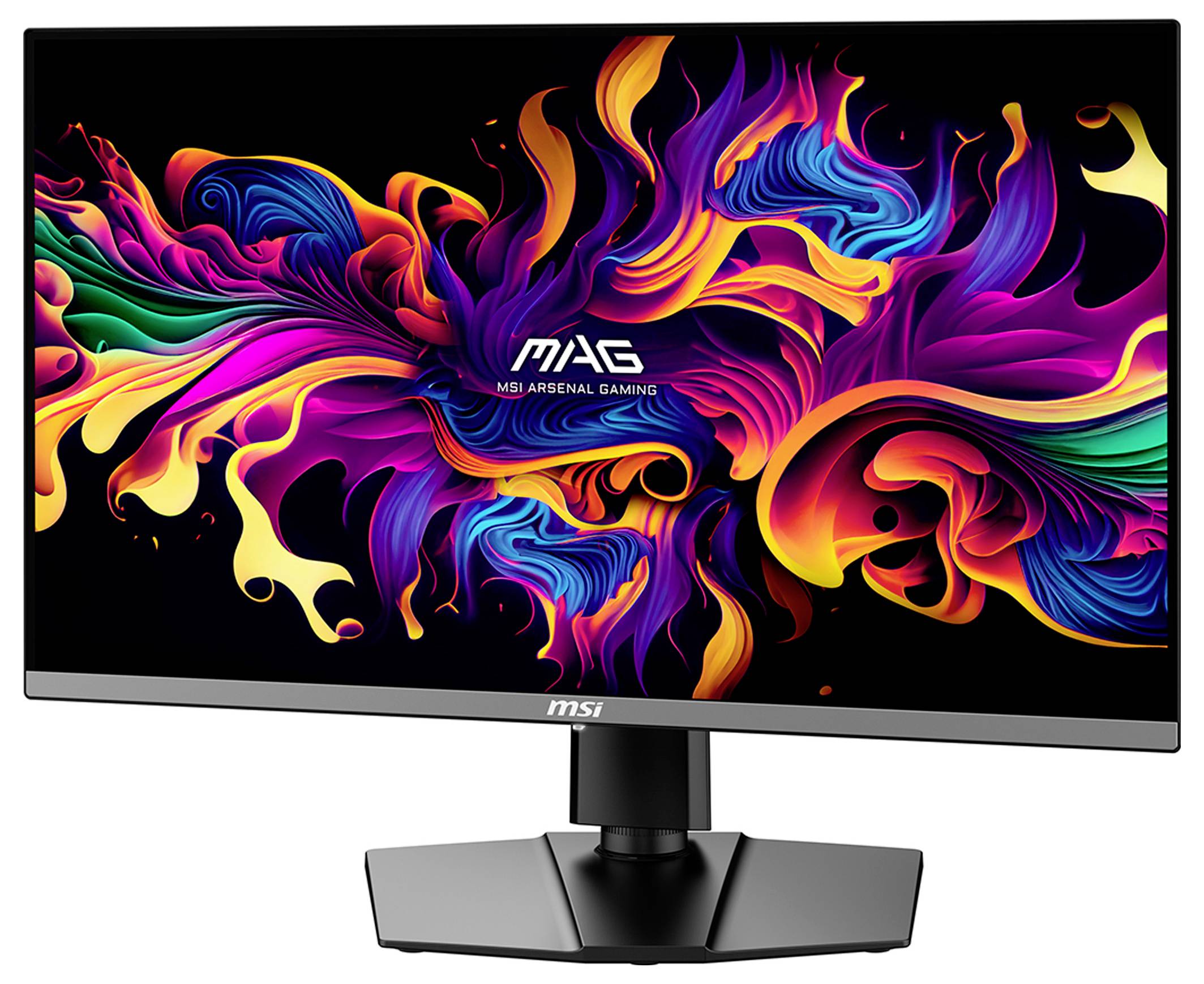 Ein Computermonitor zeigt lebendige, wirbelnde abstrakte Kunstwerke in leuchtenden Farben. Der Bildschirm zeigt den Text „MAG MSI Arsenal Gaming