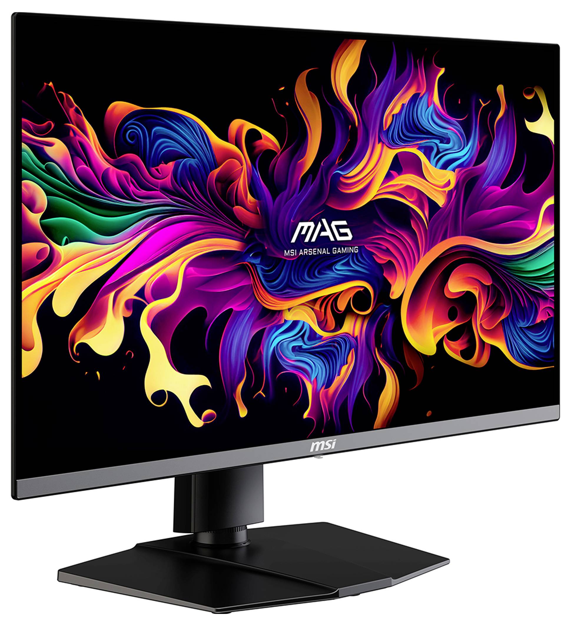 Ein farbenfrohes abstraktes Muster mit fließenden Formen auf einem MSI-Gaming-Monitor.