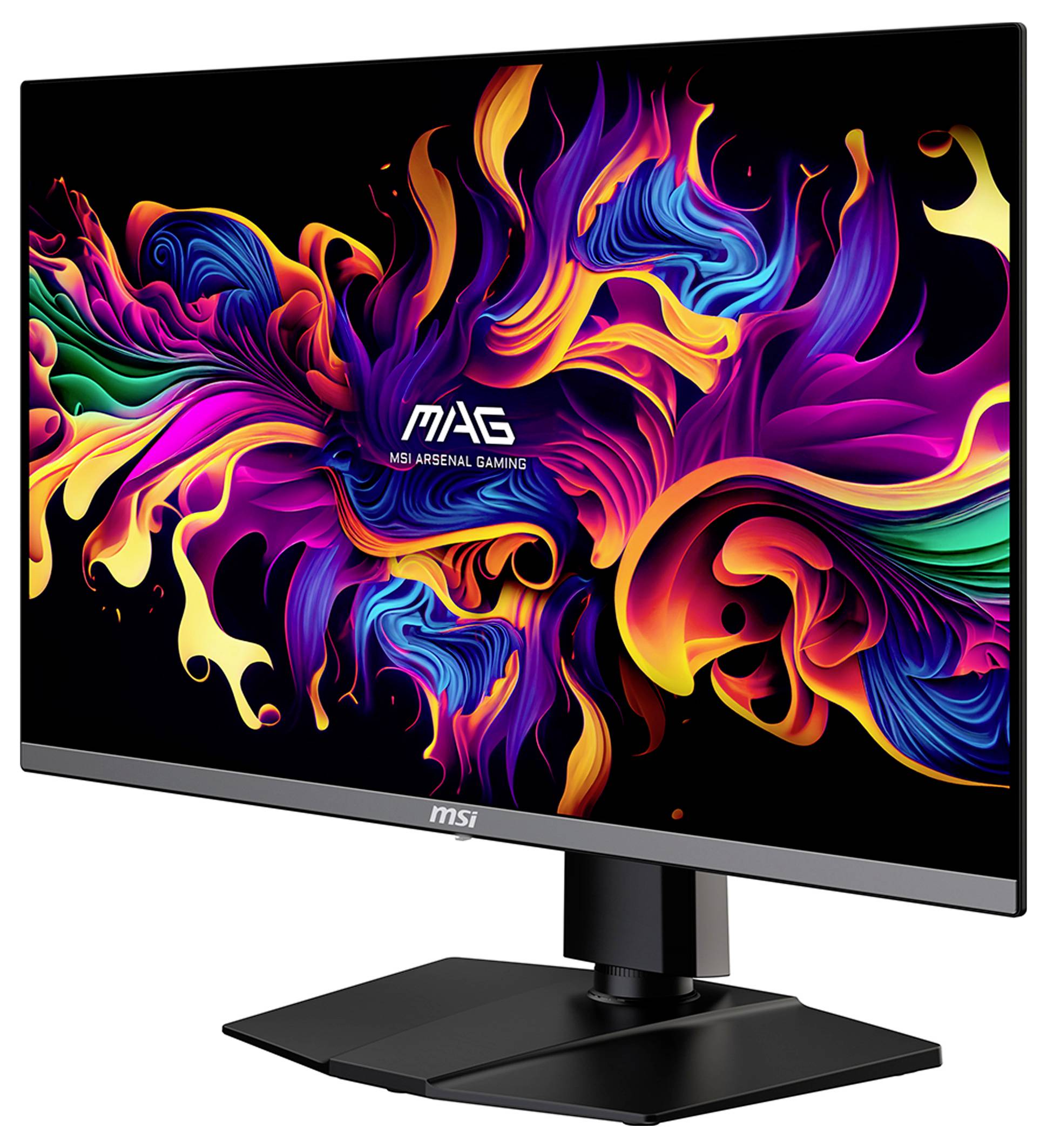 MSI MAG Gaming-Monitor mit lebendigen, abstrakten farbigen Flammen auf dem Bildschirm, vor einem schlichten Hintergrund.