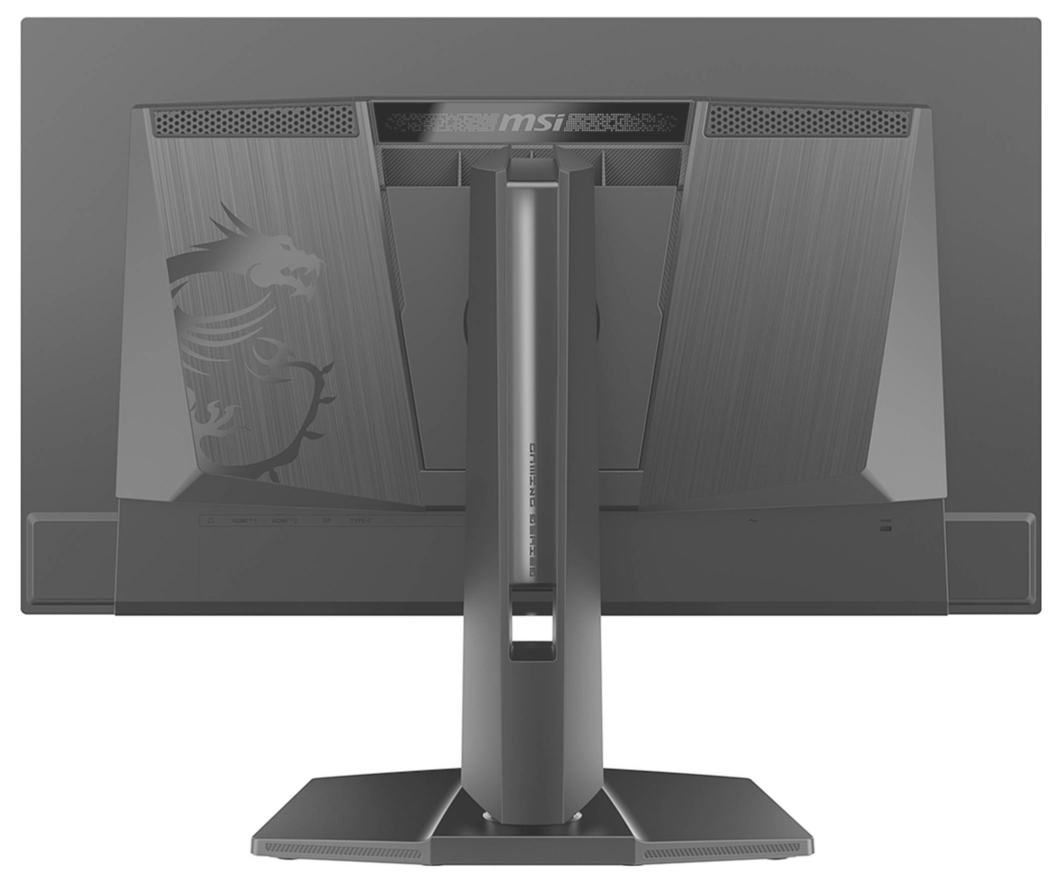 Die Rückansicht eines Computermonitors mit einem Drachen-Logo in der Ecke, dem Markennamen „MSI