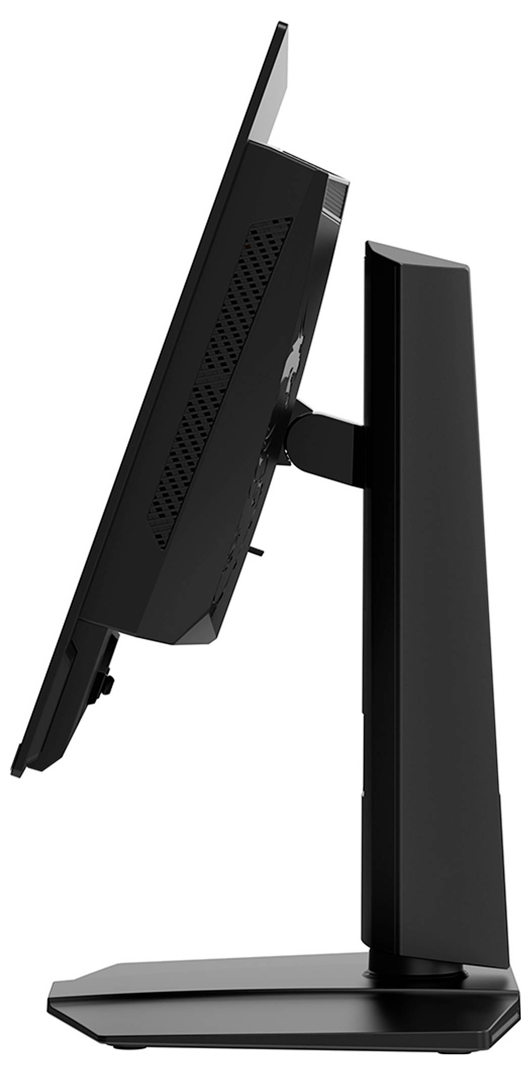 Eine Seitenansicht eines Computermonitors auf einem Ständer, leicht nach hinten geneigt, die die Dicke und Lüftungsschlitze auf der Rückseite zeigt.