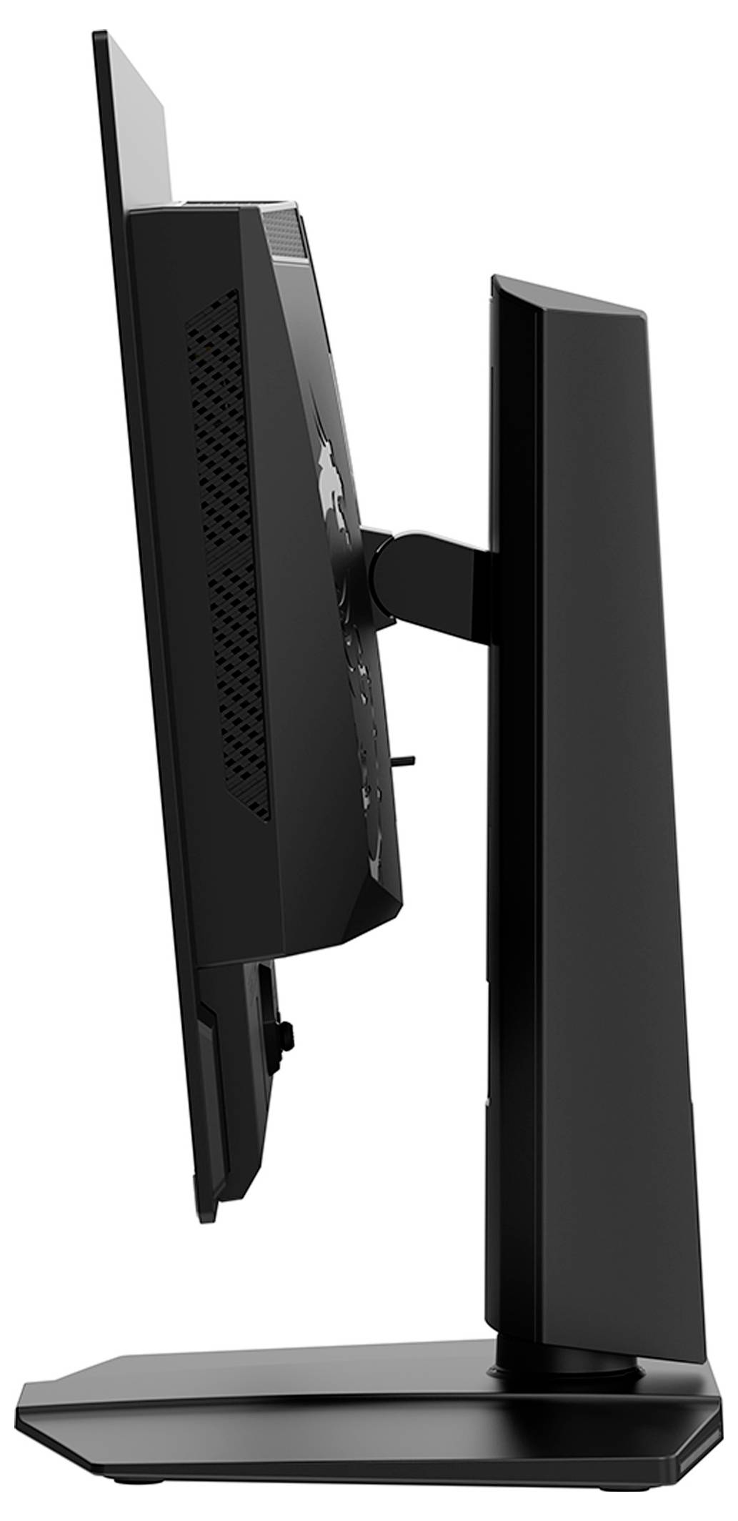 Seitenansicht eines schwarzen Computermonitors, der seinen verstellbaren Ständer zeigt und sein schlankes Design sowie seine moderne Ästhetik zur Schau stellt.